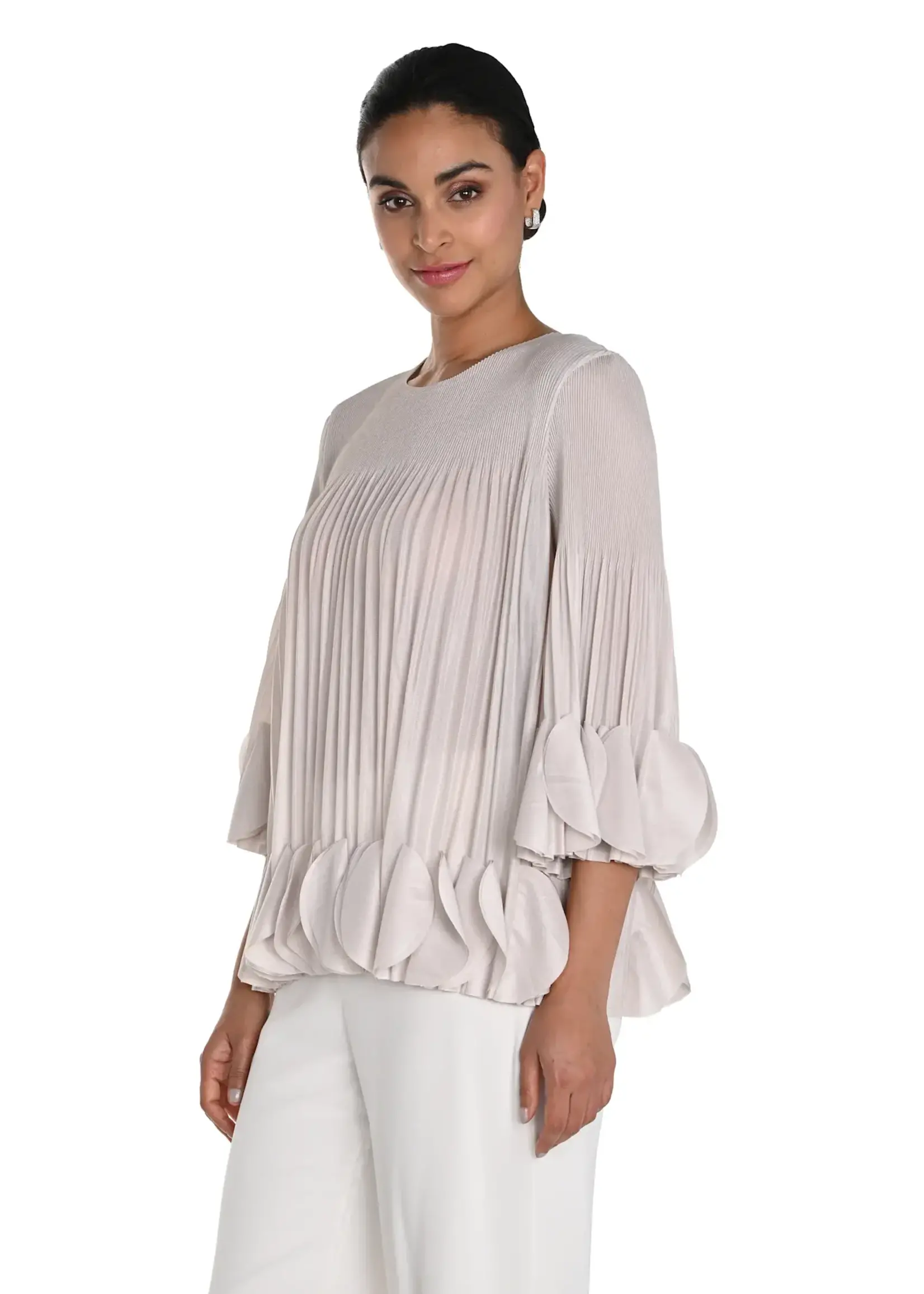 Frank Lyman Pleated Scalloped Hem & Sleeves Top