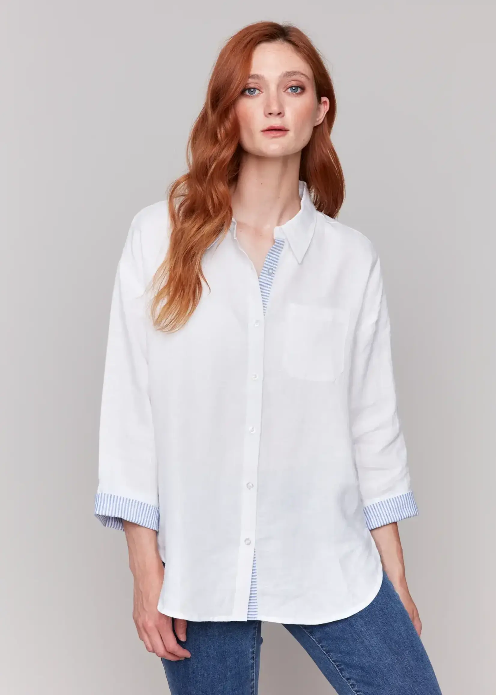 Charlie B Linen Drop Shoulder Stripe Cuff Blouse