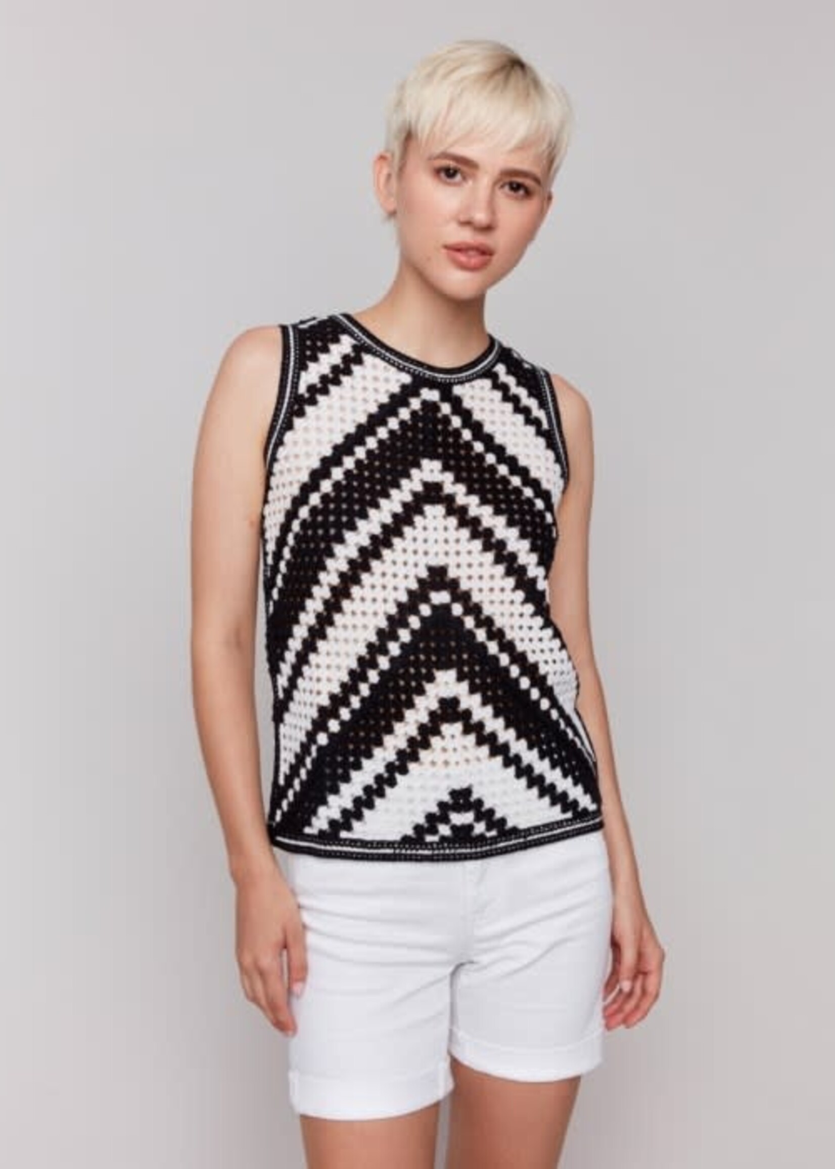 Charlie B Striped Crochet Sleeveless Crew Neck