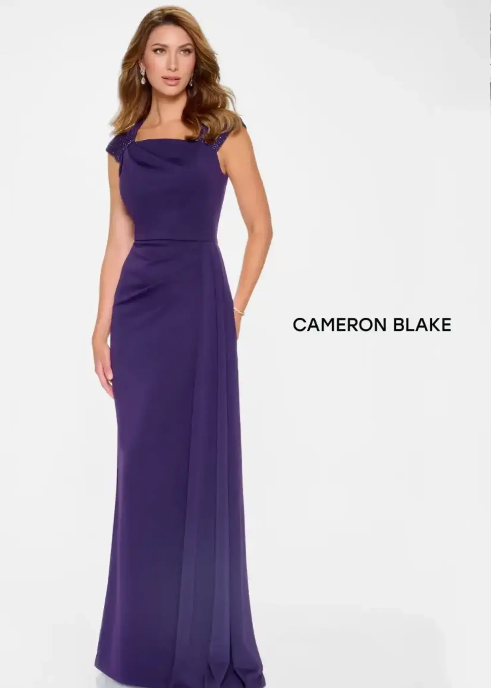 Cameron Blake Stone Accent cap sleeve stretch crepe gown