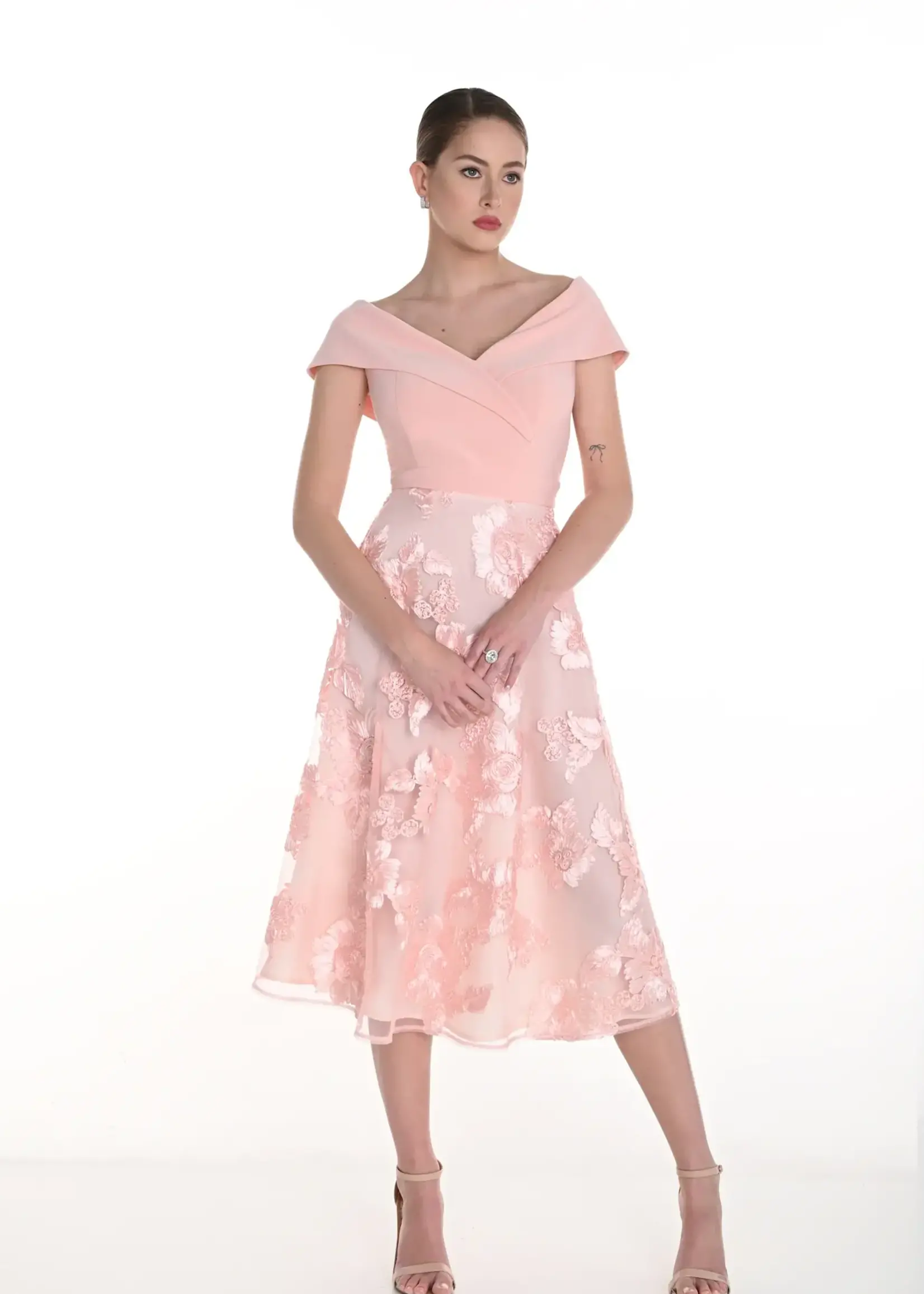 Frank Lyman Off Shoulder Floral Embroidered Midi