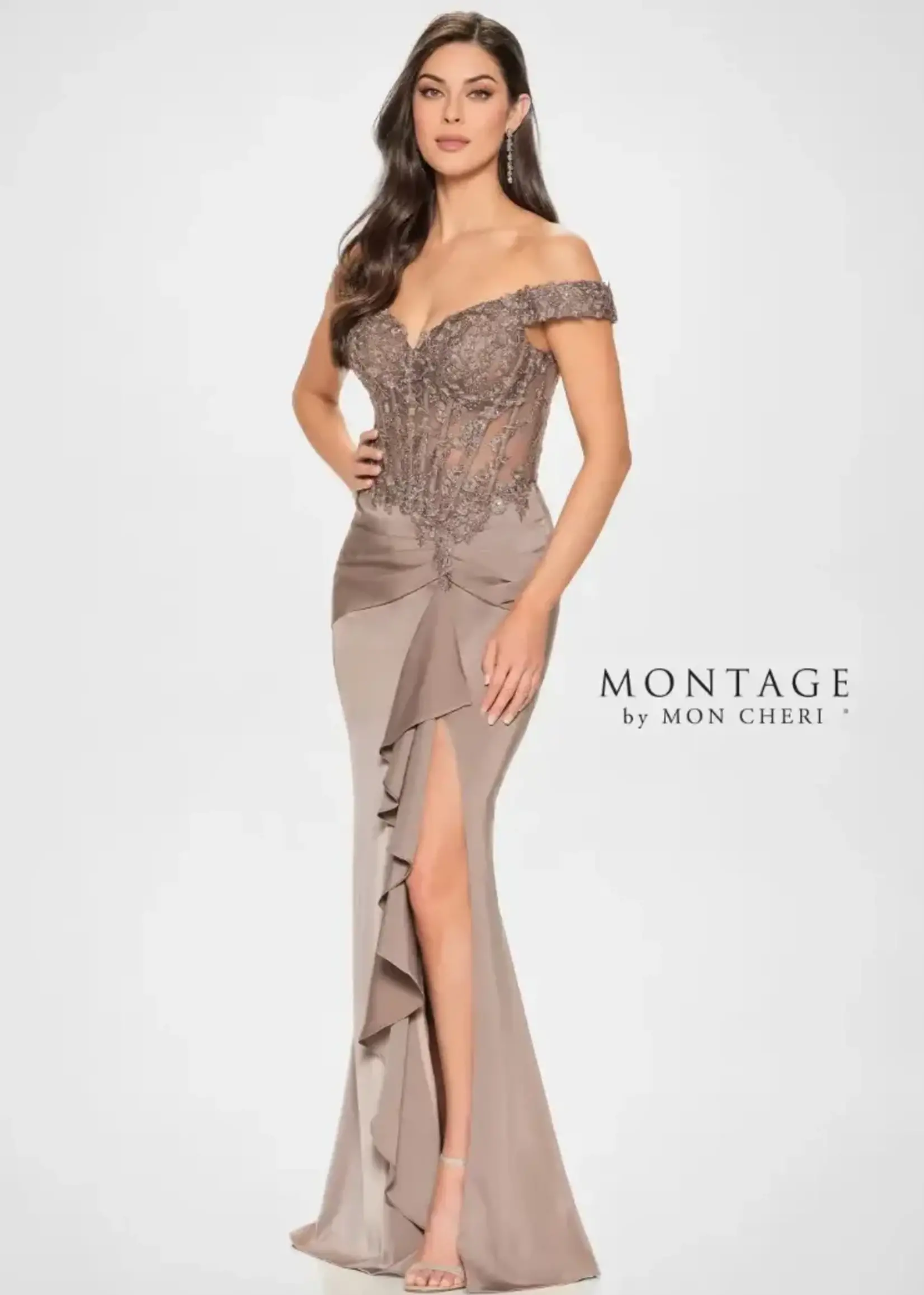 Montage Lace Bead Work Ruffle Slit Gown