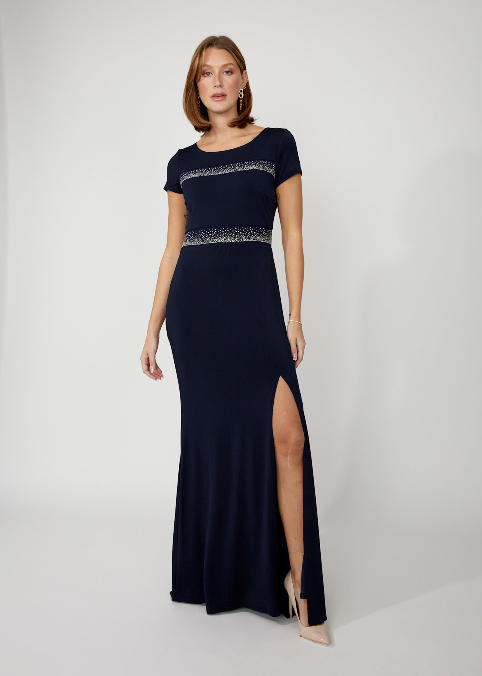 Frank Lyman Maxi Sheath Dress w/ Slit & Embellishments
