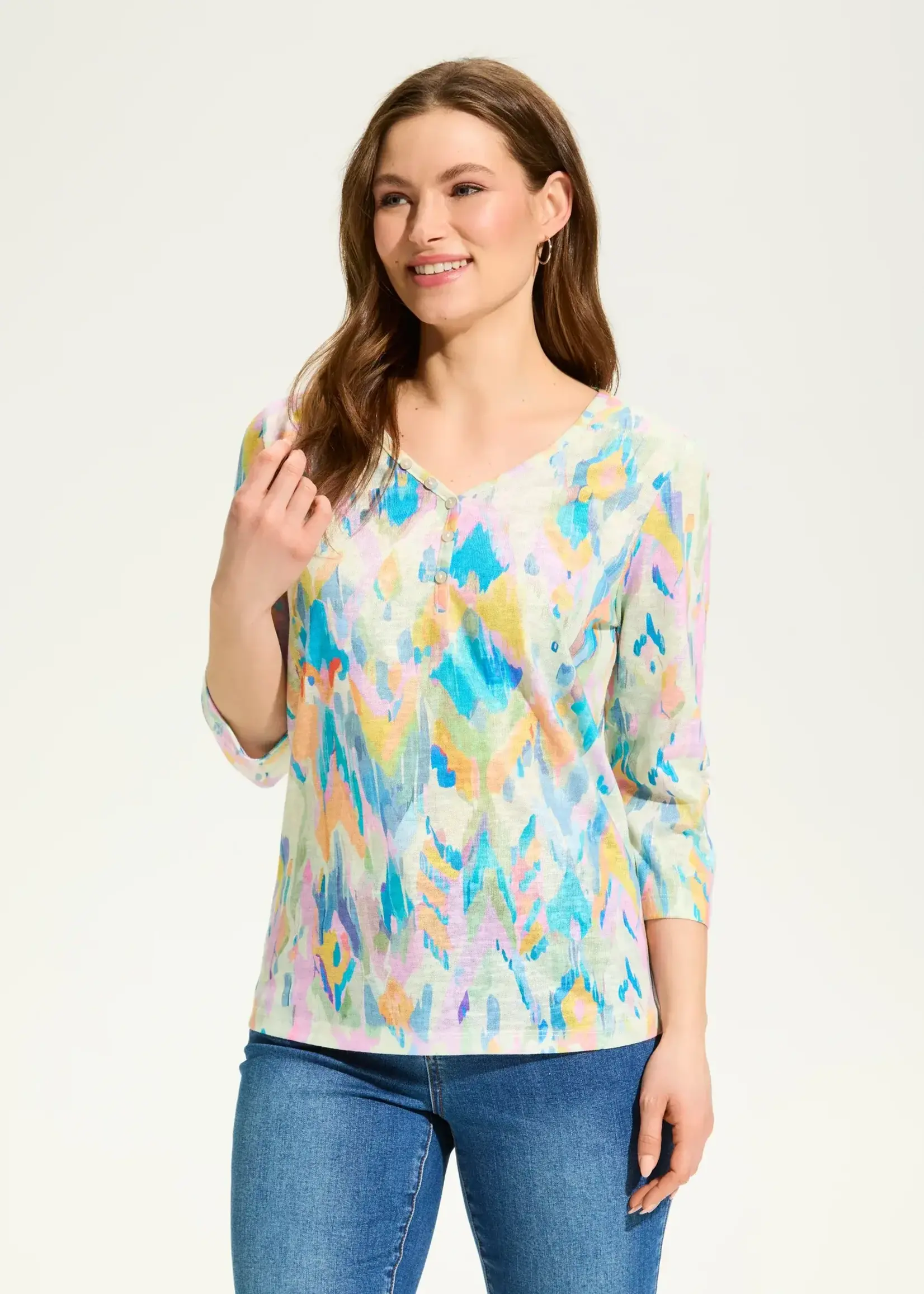 French Dressing Jeans 3/4 Sleeve V-neck Print Top