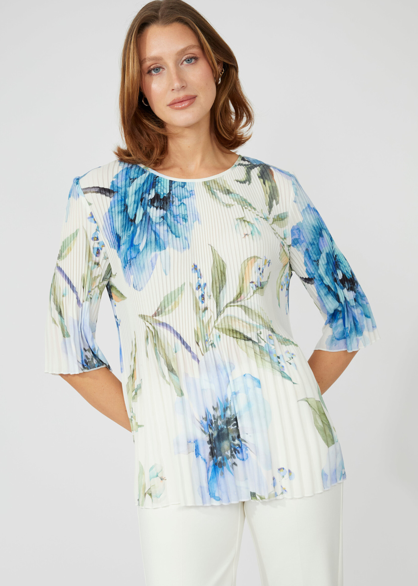Frank Lyman Pleated Floral Crew Neck Blouse
