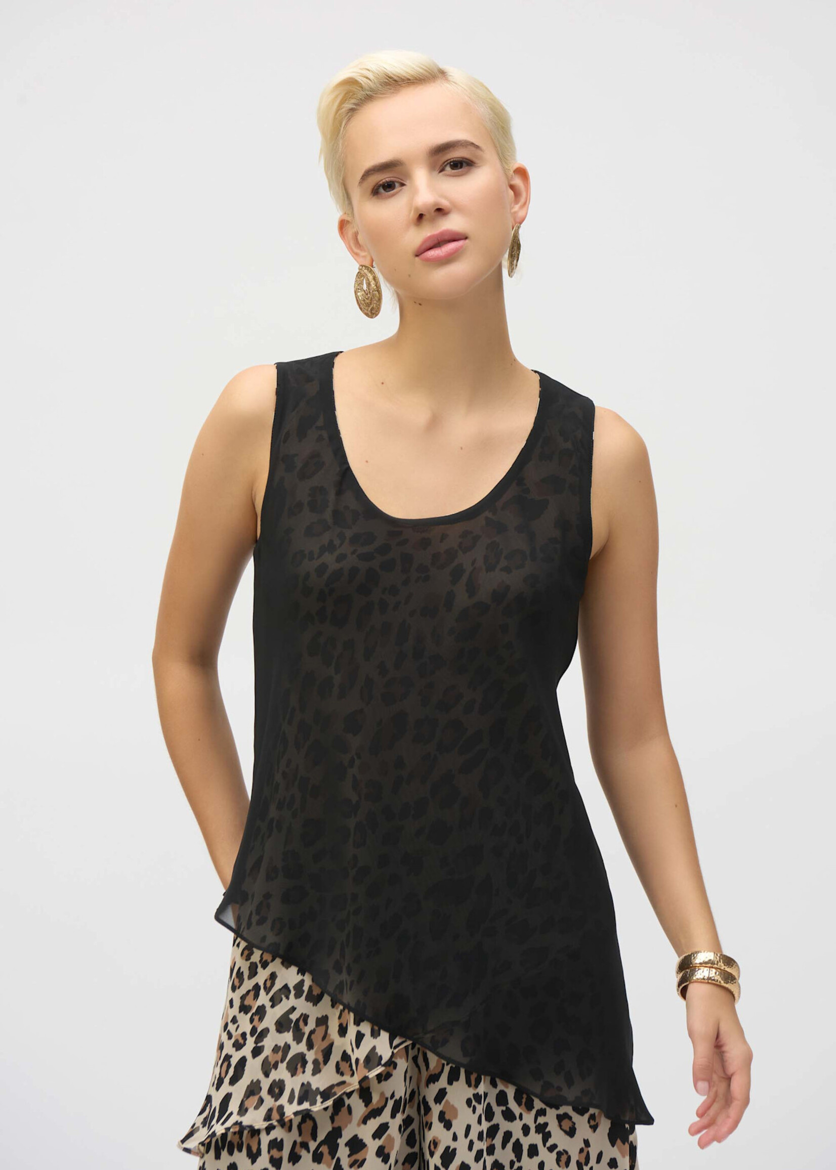 Joseph Ribkoff Leopard Fringe Reversible Tunic Top
