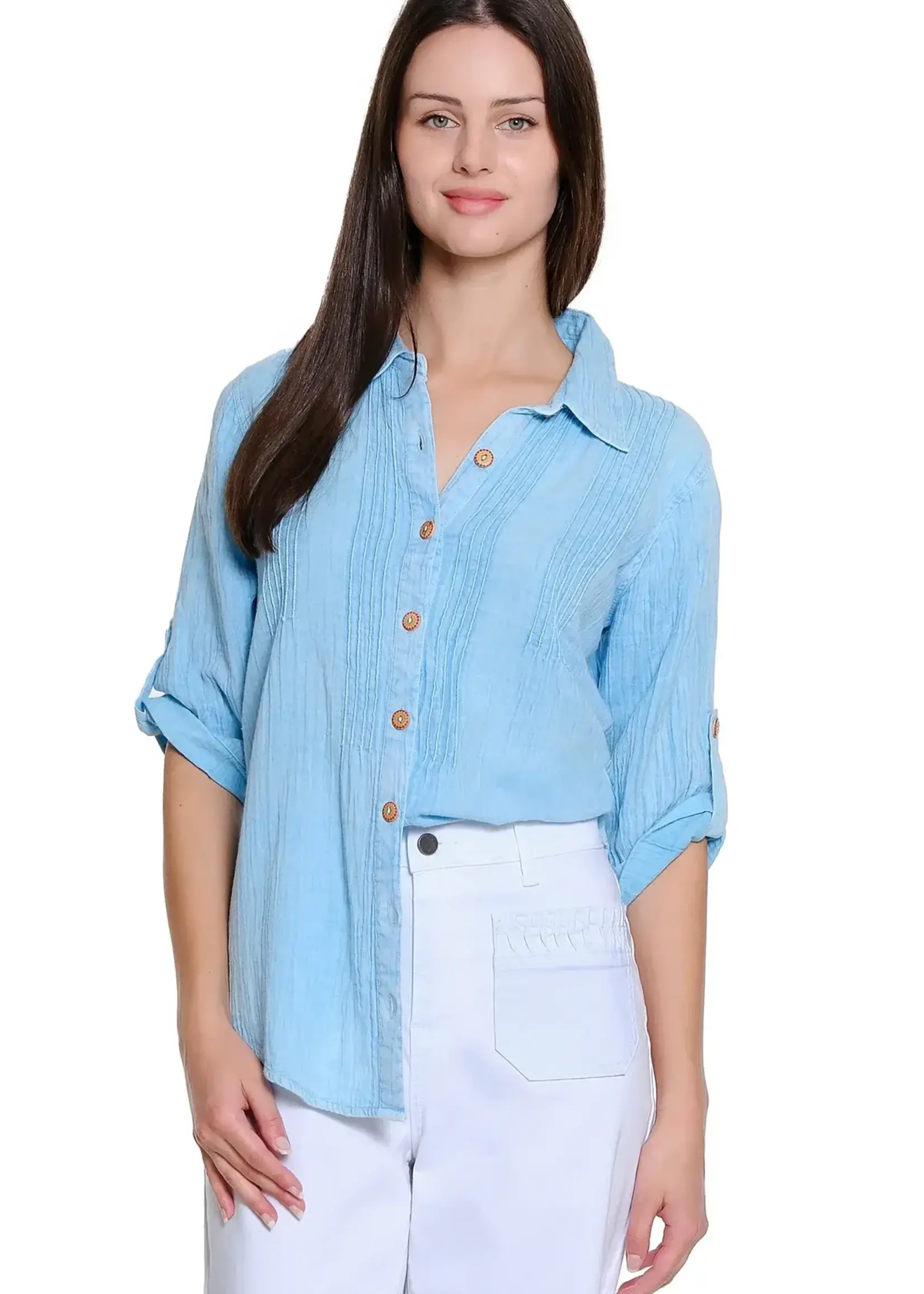 Tru Luxe Pin Tucked Button- Up Blouse