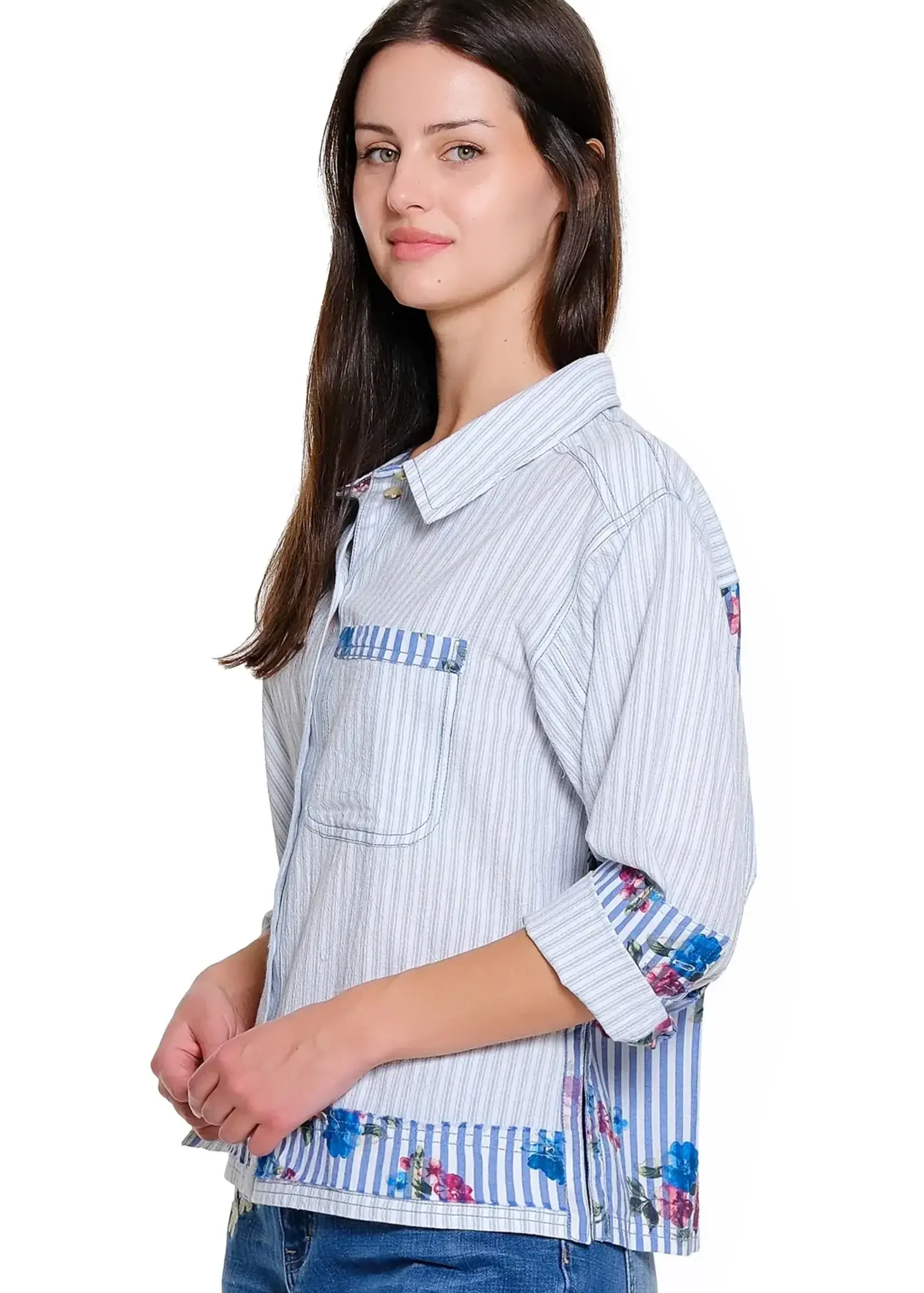 Tru Luxe Stripe Mix Print Button- Up Blouse