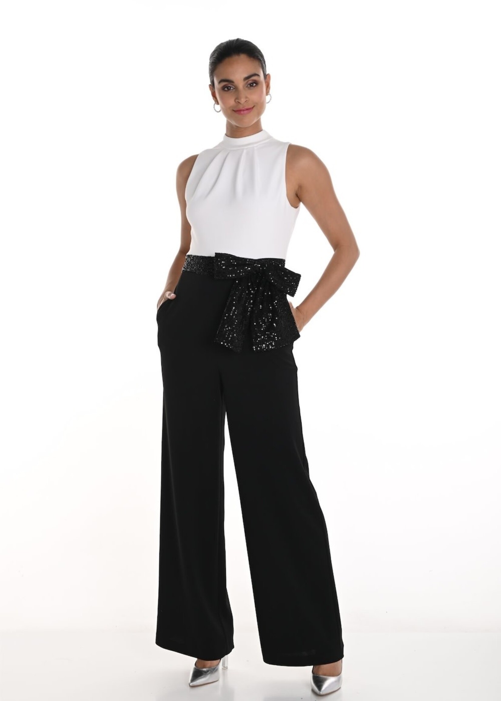 Frank Lyman Haulter Neck Jumpsuit w/ Sequin Bow Belt