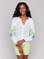 Charlie B Linen Embroidered Raglan Sleeve Top