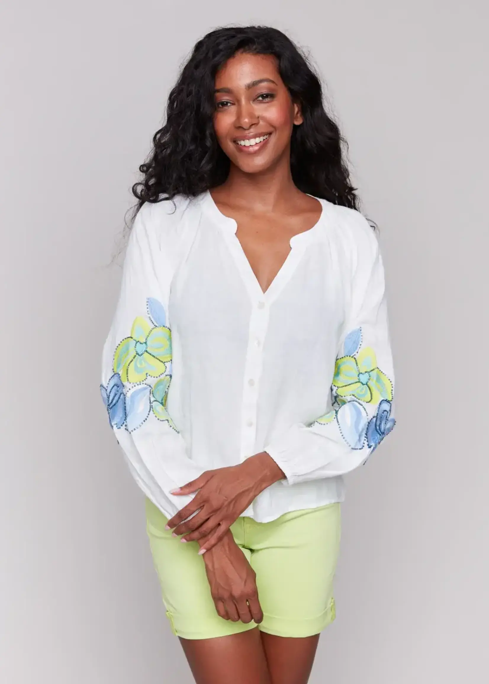 Charlie B Linen Embroidered Raglan Sleeve Top