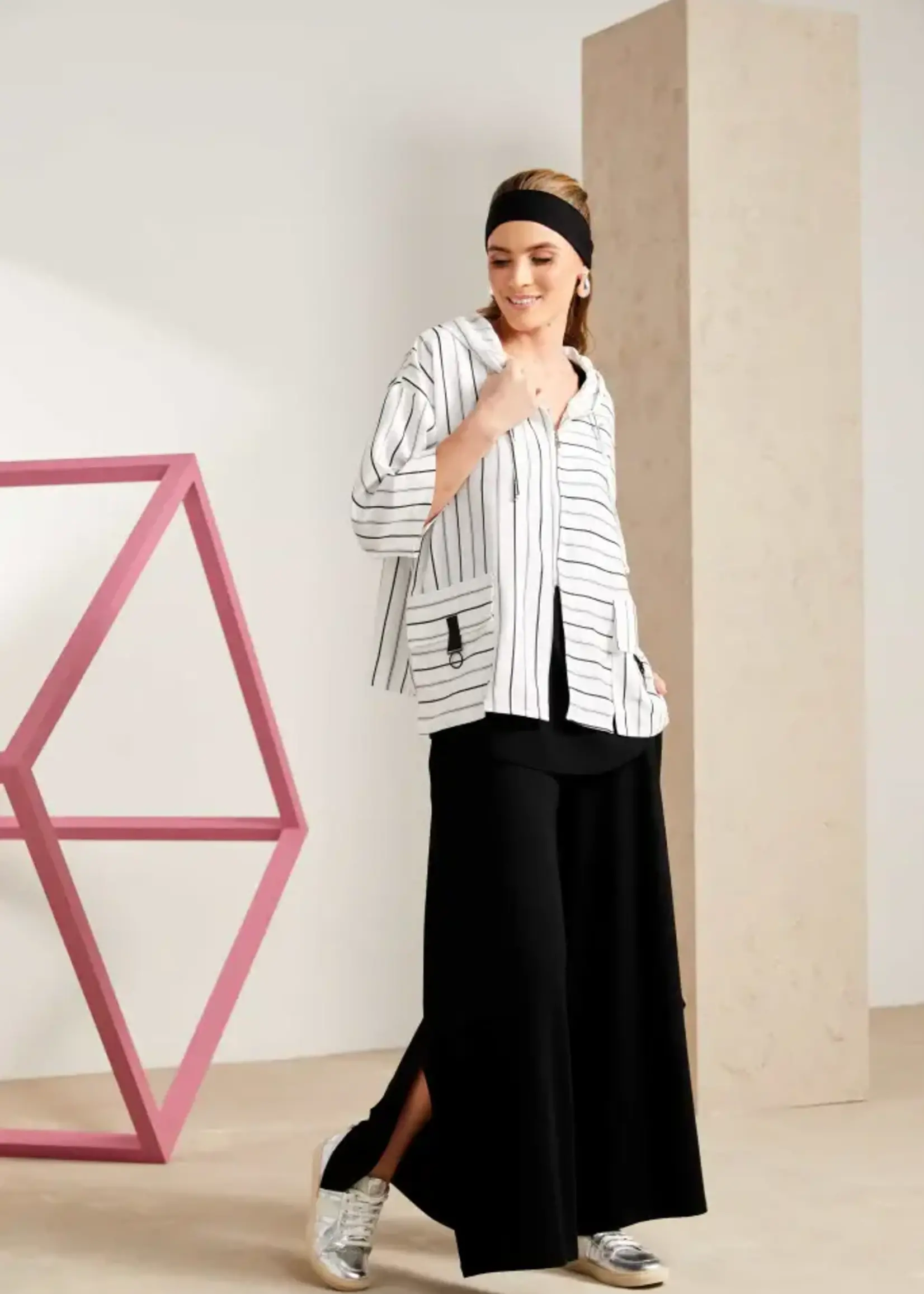 NAYA Stripe Mid-Zip Hooded Top