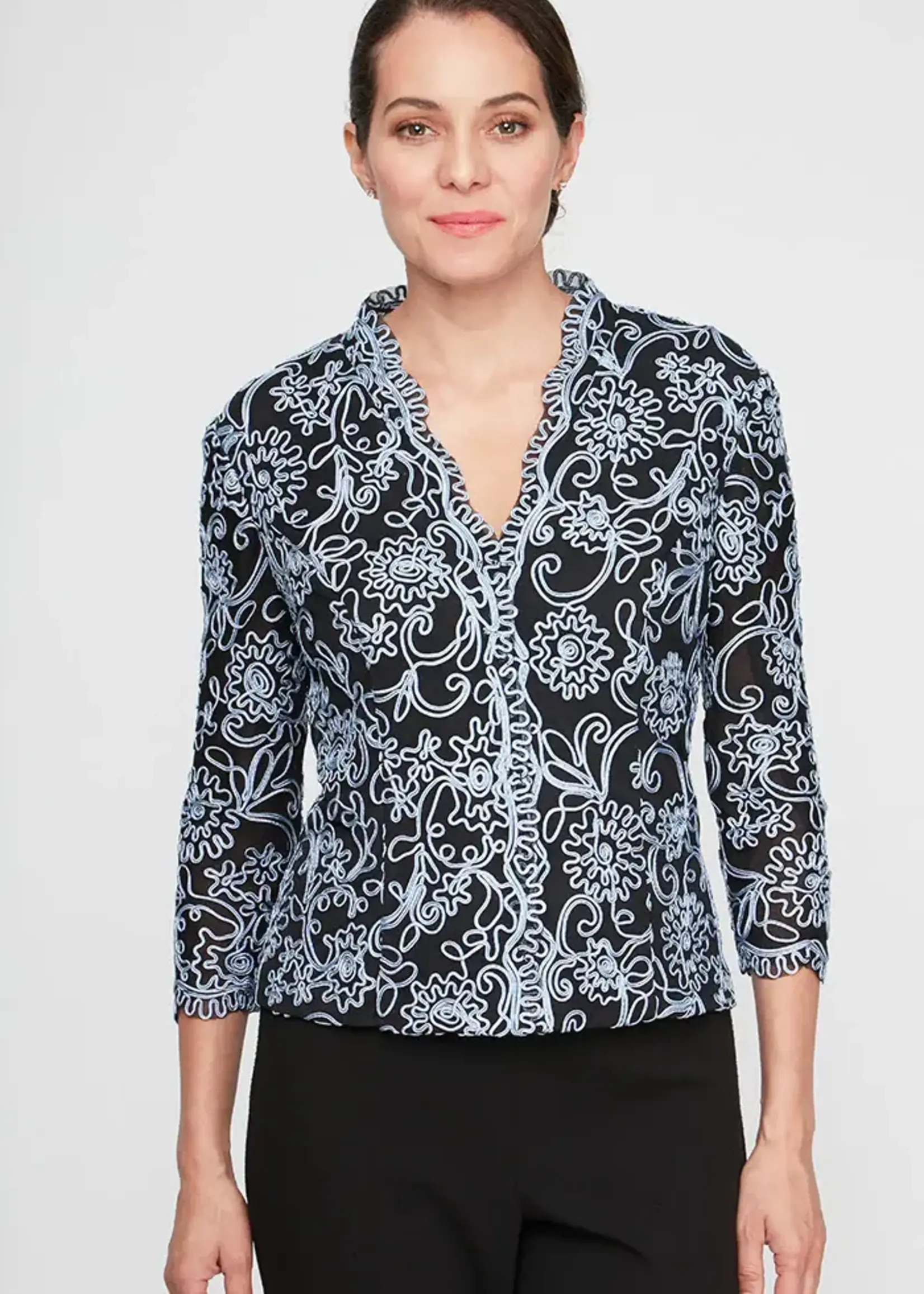 Alex evening Scalloped Neckline Embroidered Blouse