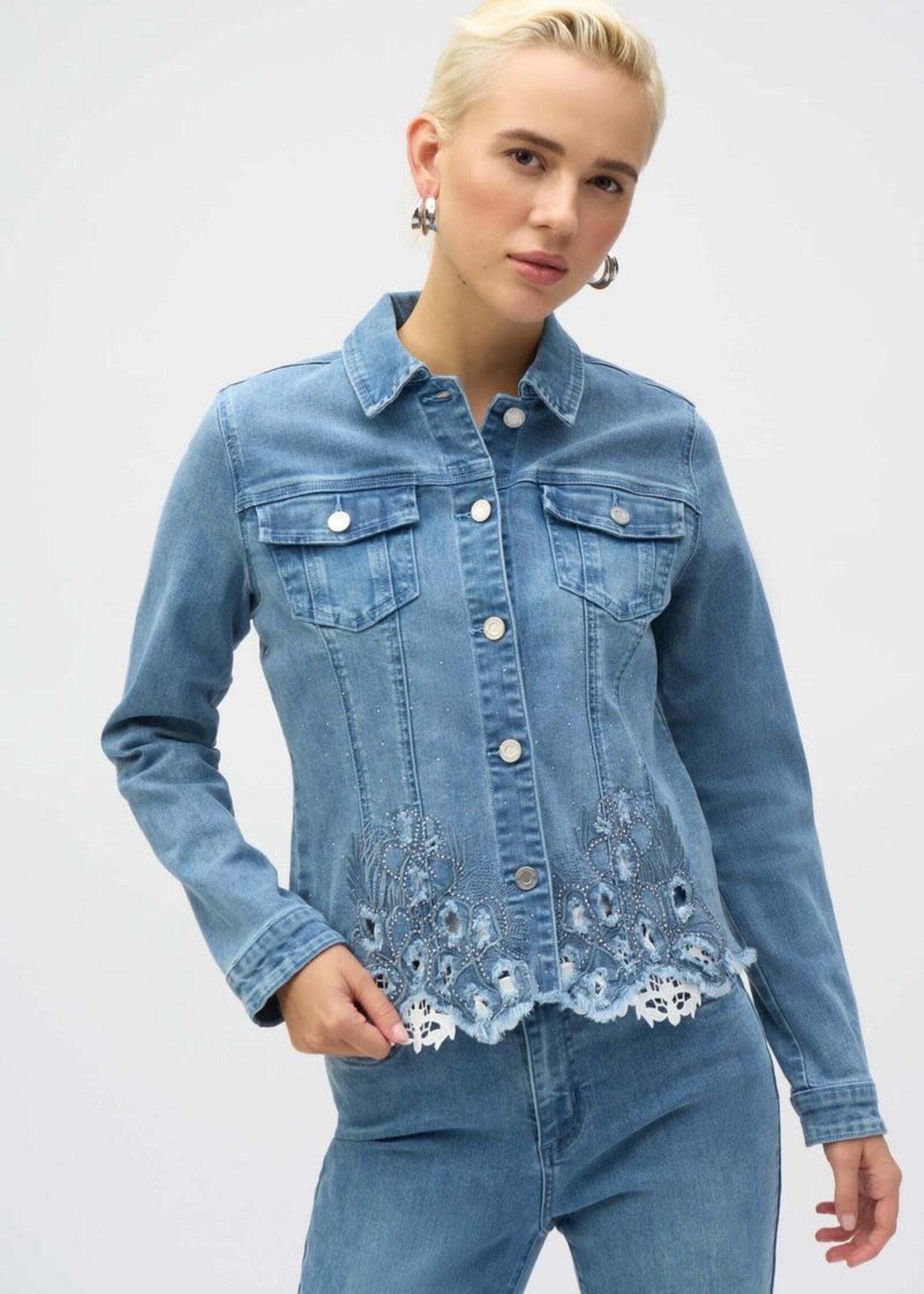 Joseph Ribkoff Collard Embellished Lace Hem Jean Jkt