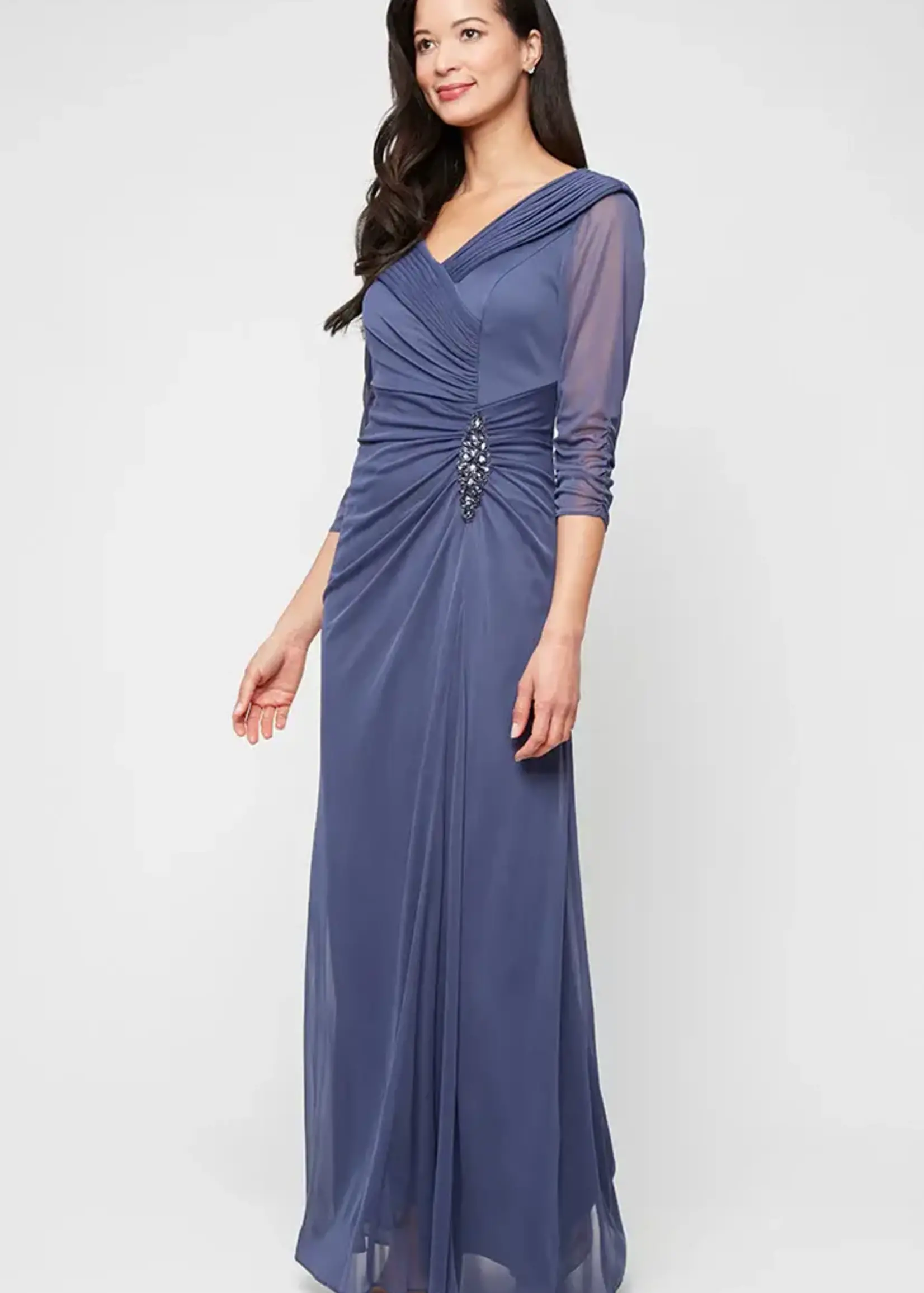Alex evening Portrait Collar Embellished Ruch Dress