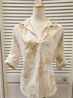 Angela Mara Floral Print Linen Blouse w/ Gold Lurex