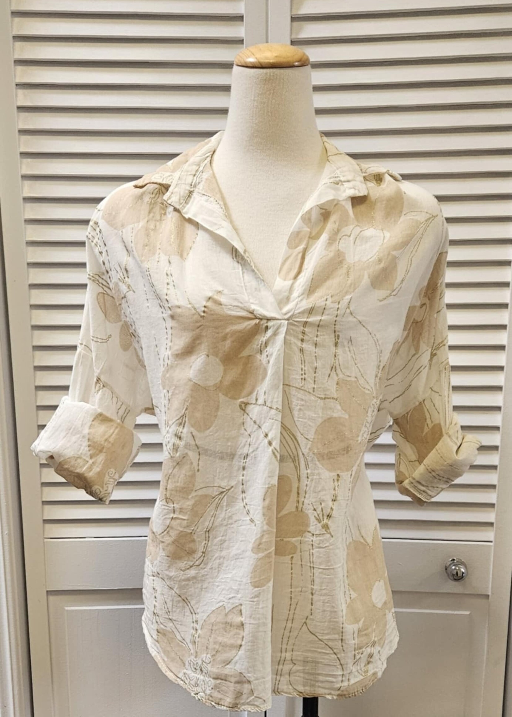 Angela Mara Floral Print Linen Blouse w/ Gold Lurex