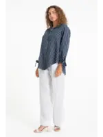 Linen Luv French Linen Stripe Button-Up Blouse