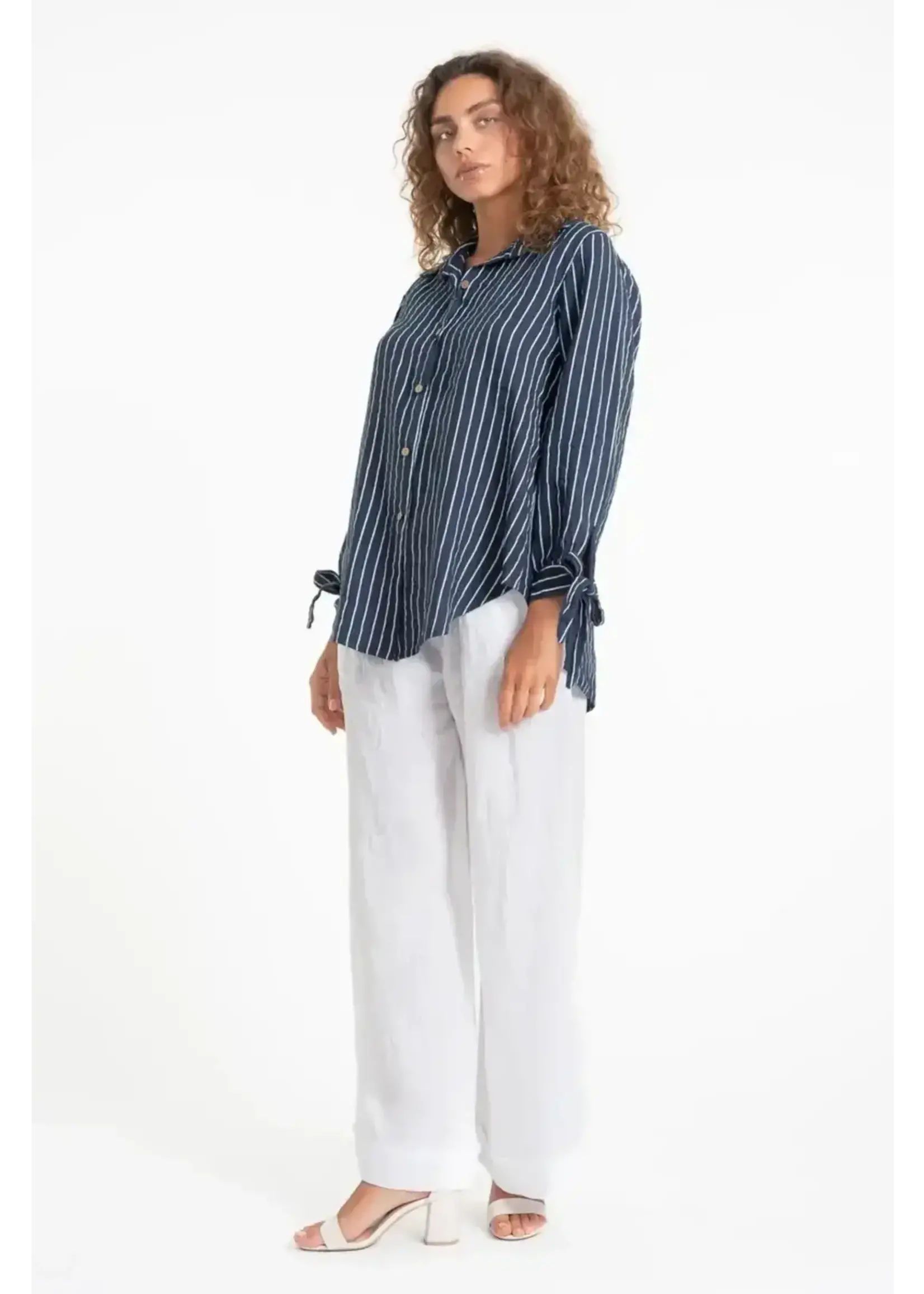 Linen Luv French Linen Stripe Button-Up Blouse