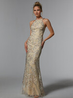 MGNY Embroidered Net Gown w/ Gunmetal Beading