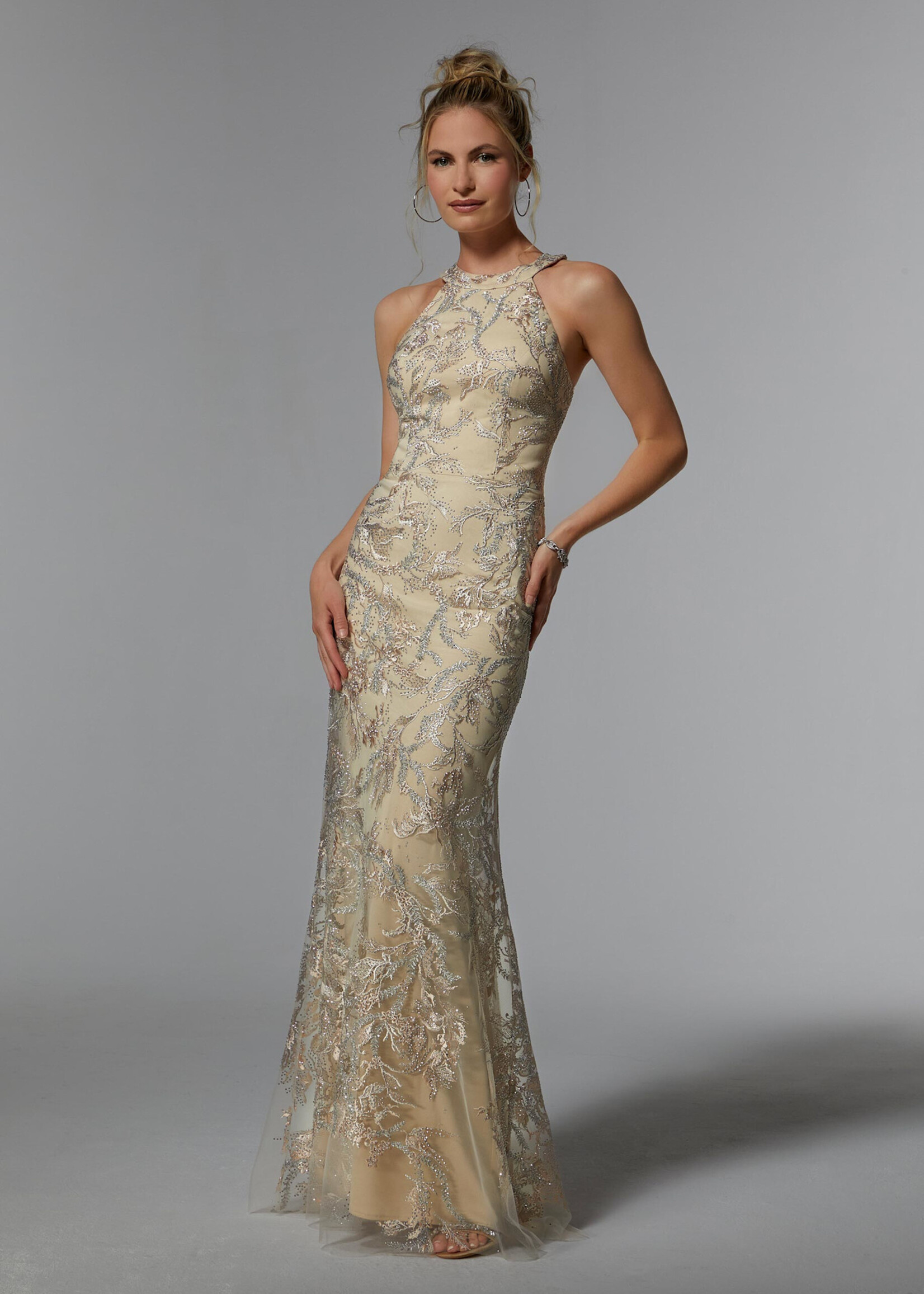MGNY Embroidered Net Gown w/ Gunmetal Beading