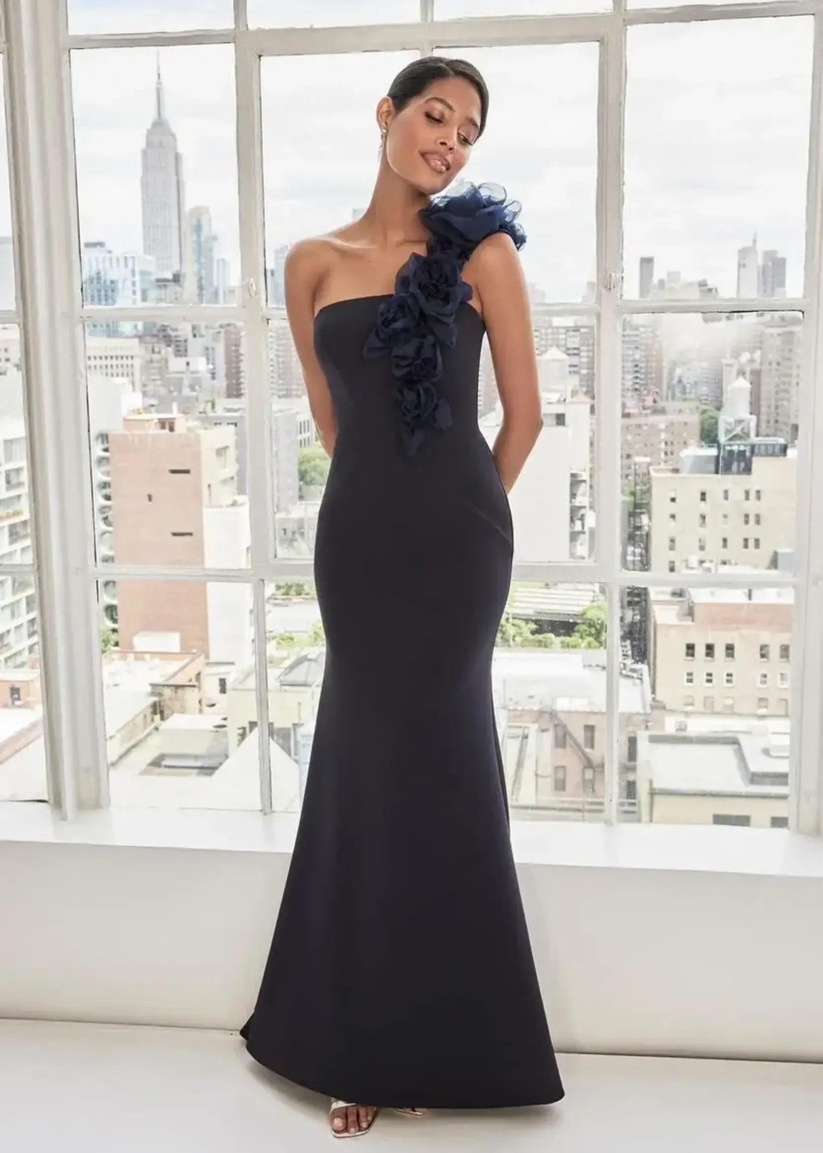 MGNY One Shoulder 3D Floral Strap Scuba Gown