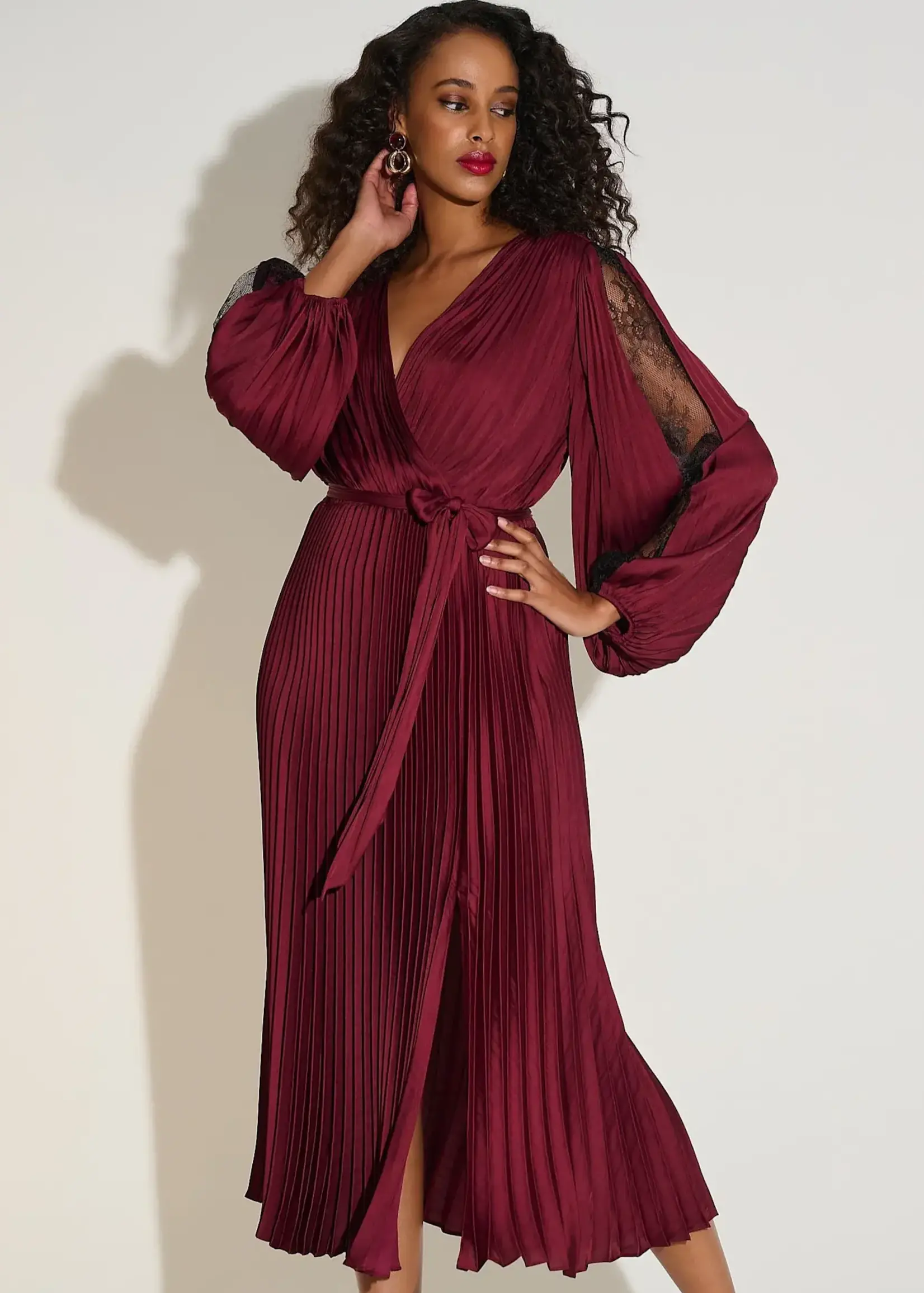Joseph Ribkoff Pleated Satin Lace Sleeve Detail Dress