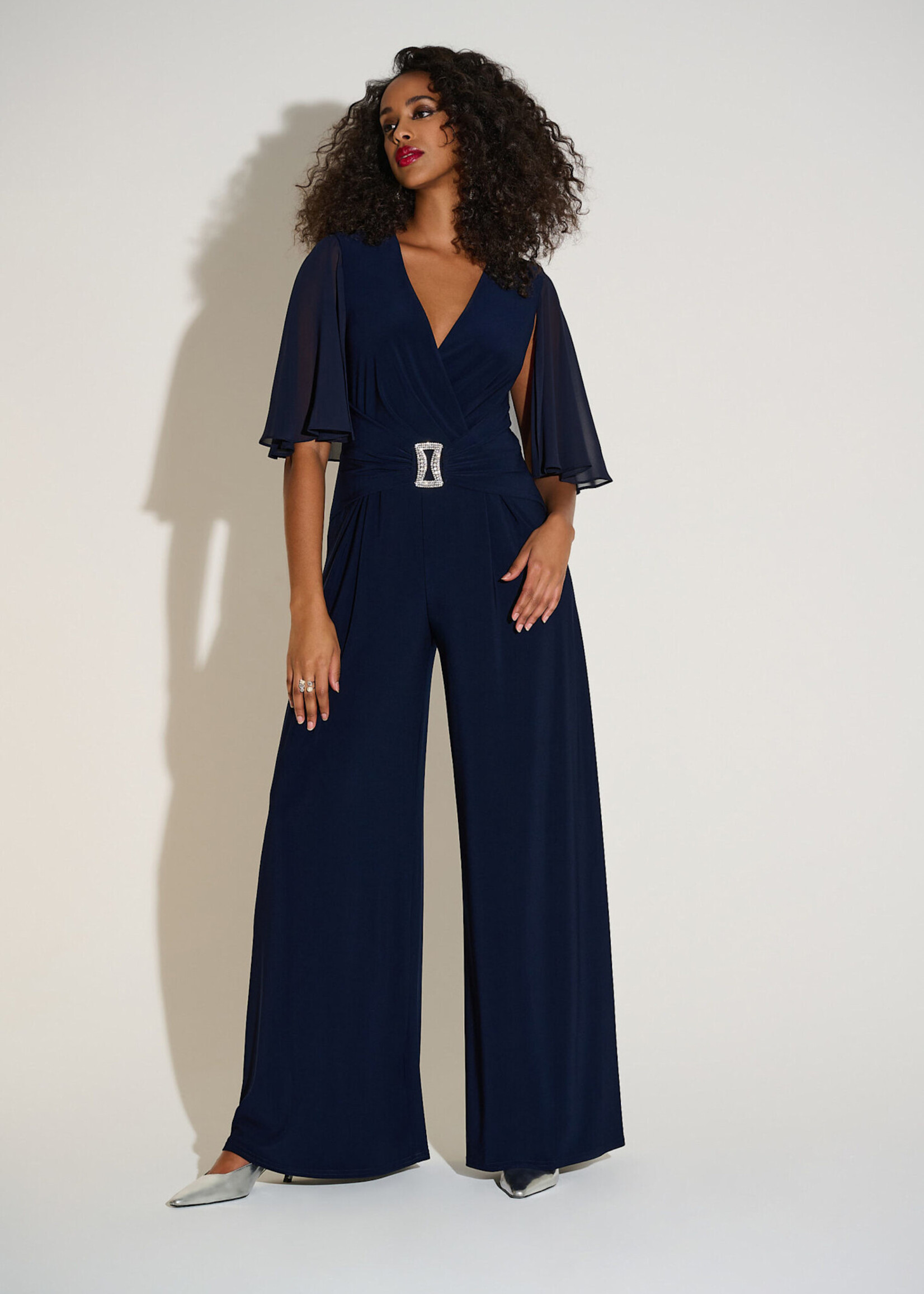 Joseph Ribkoff Belted Chiffon Cape Jumpsuit
