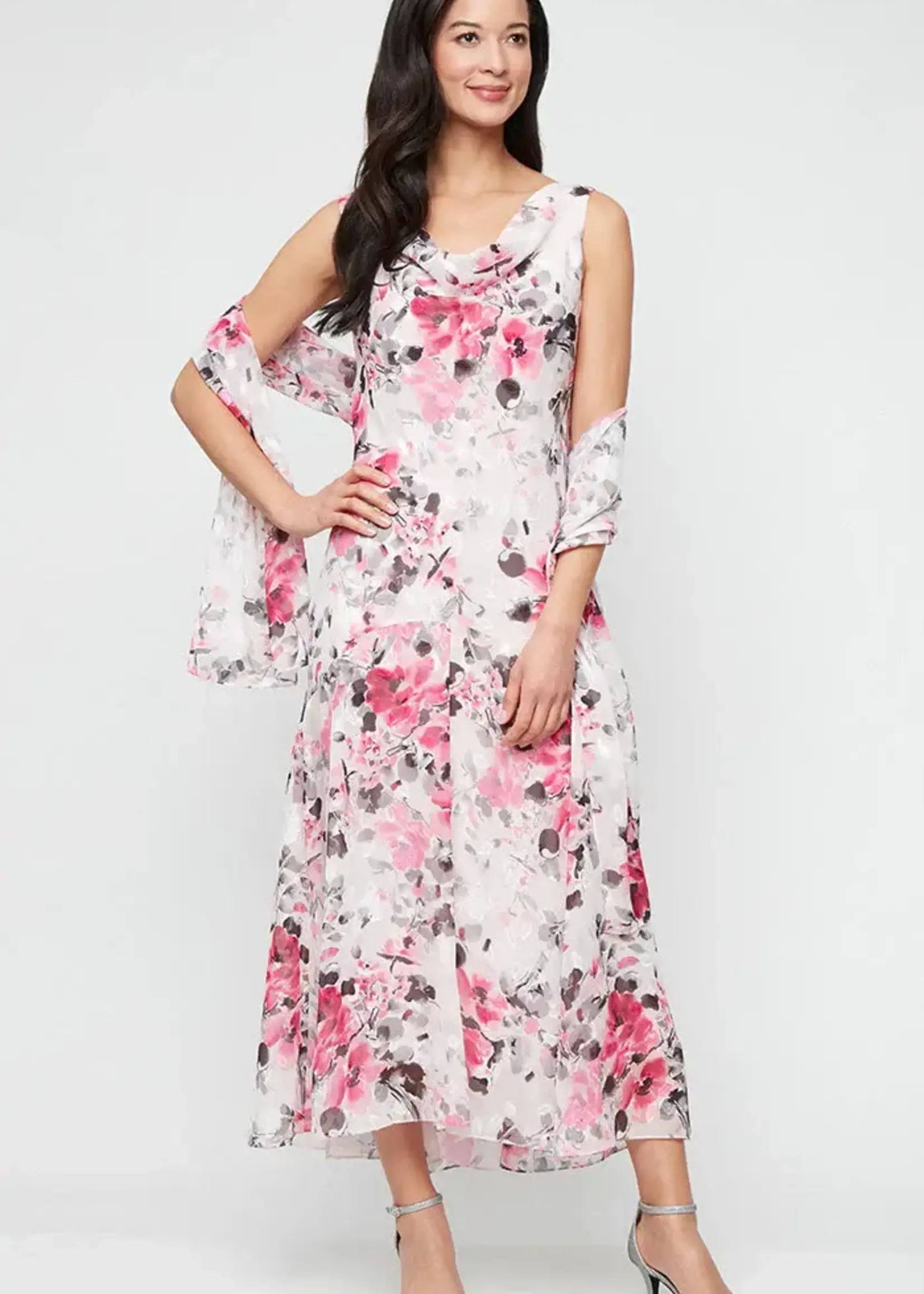 Alex evening Floral Chiffon Cowl Neck Tea Length Dress