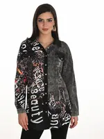 Frank Lyman Denim Mix Embellished Print Blouse