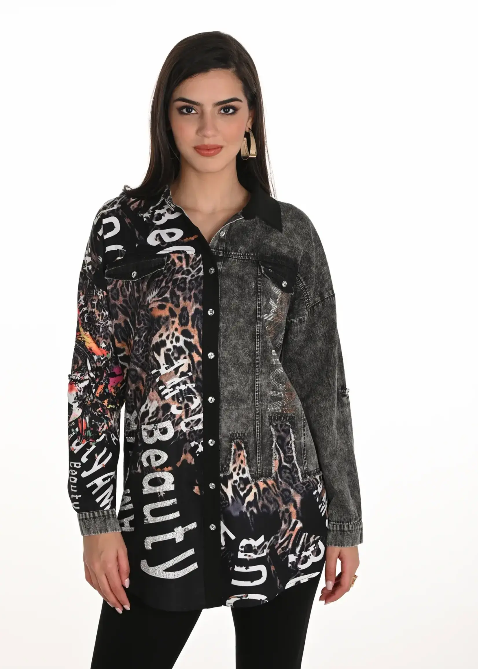 Frank Lyman Denim Mix Embellished Print Blouse