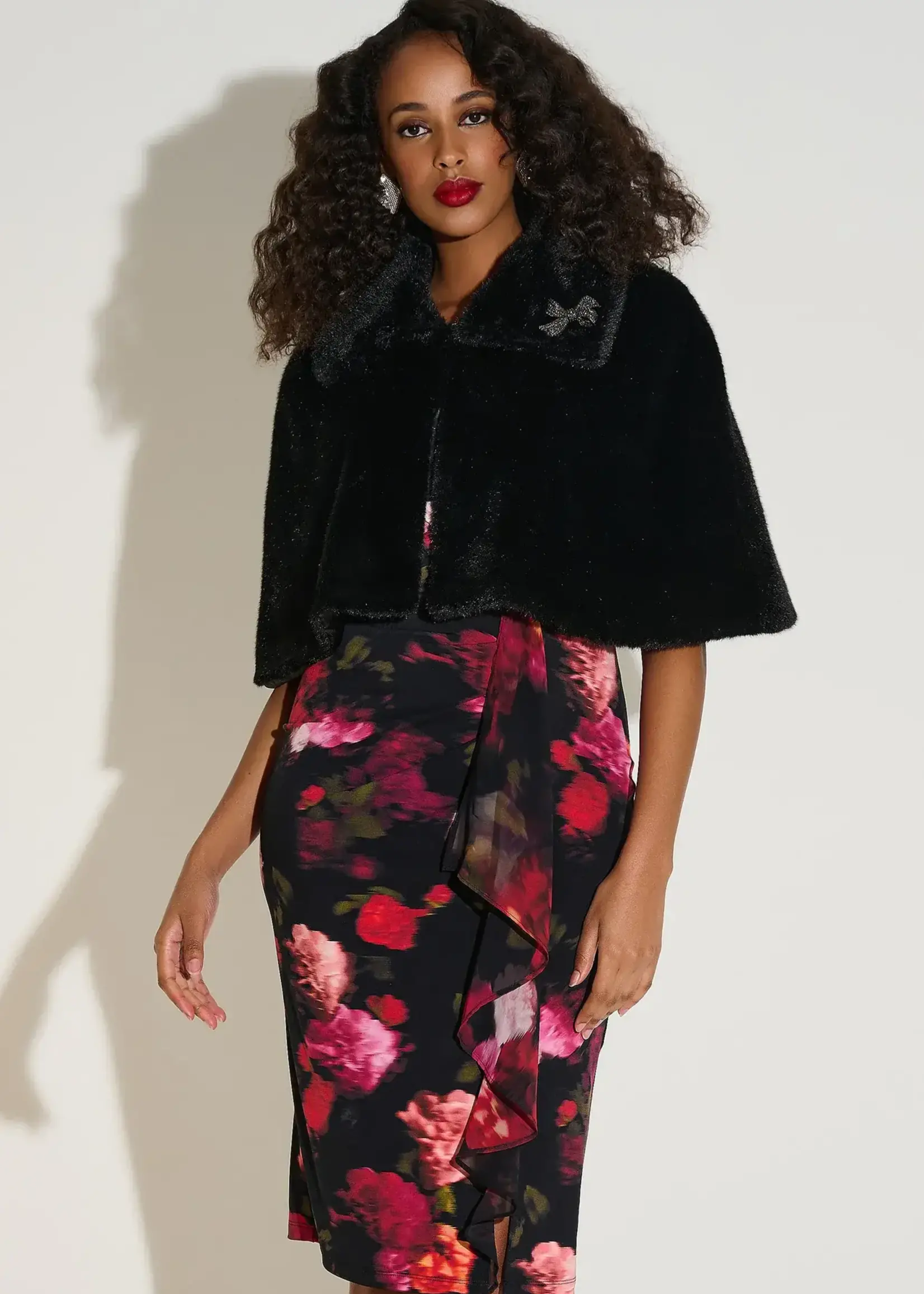 Joseph Ribkoff Faux Fur Cape w/ Crystal Brooch