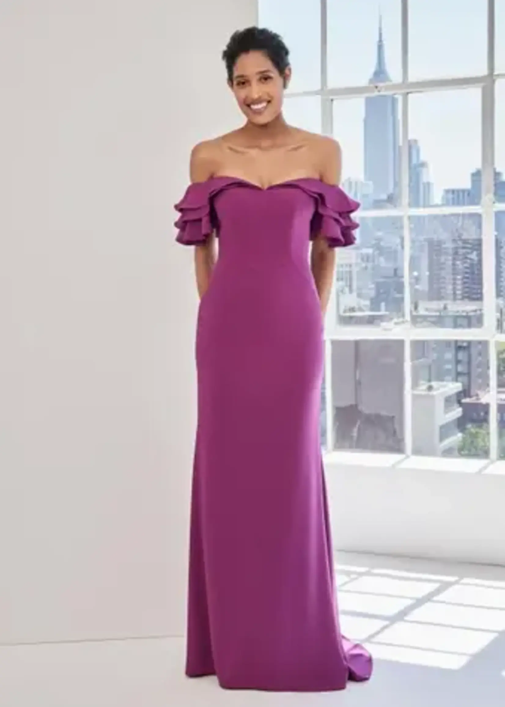 MGNY Off-Shoulder Ruffle Drape Sleeve Gown