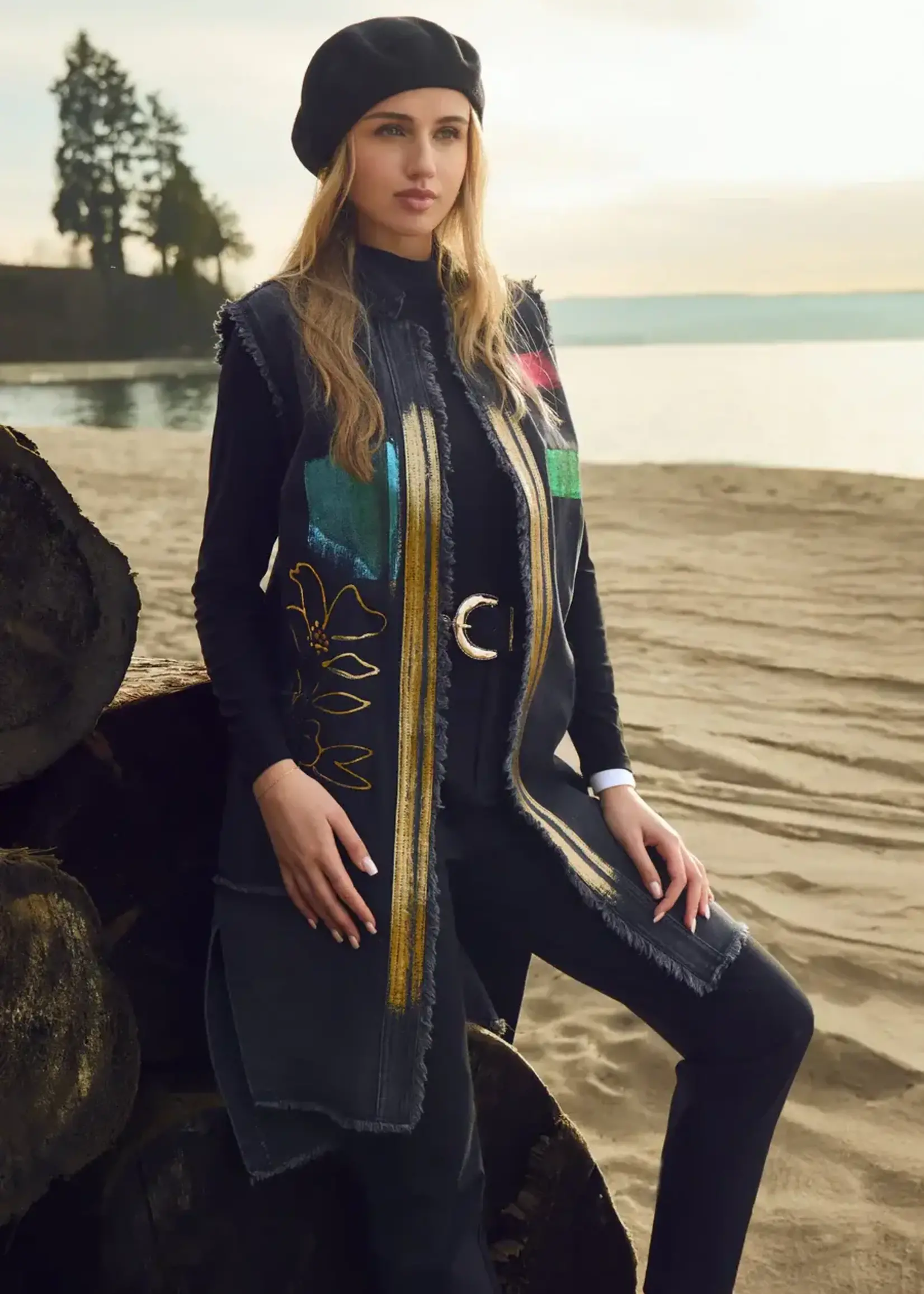 Frank Lyman Washed Denim Metallic Print Vest