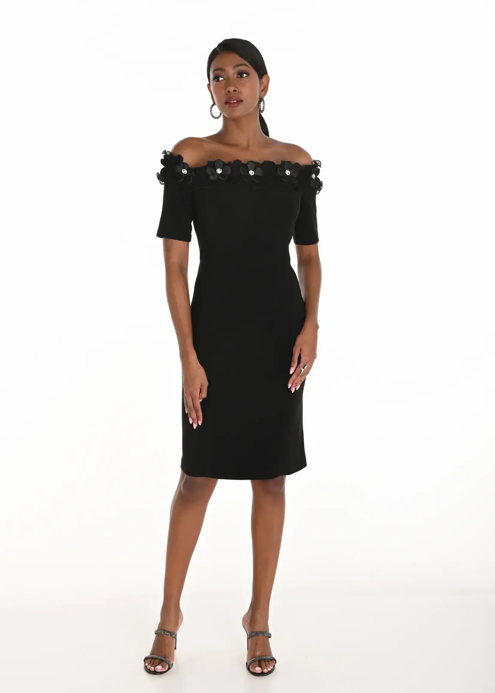 Frank Lyman Off The Shoulder Midi w/ Floral Trim