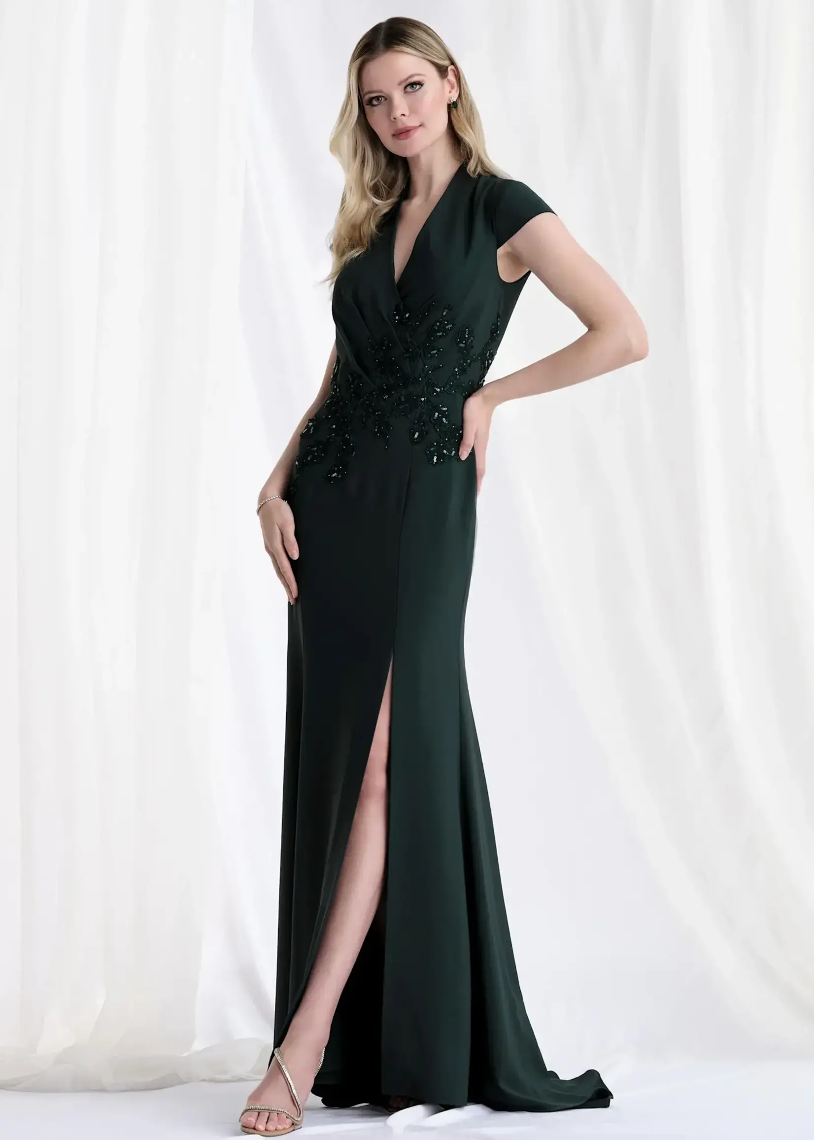 MGNY Cap Sleeve Crepe Embellished Gown