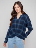 Charlie B Plaid Blouse w/ Front Knot and Cuffs