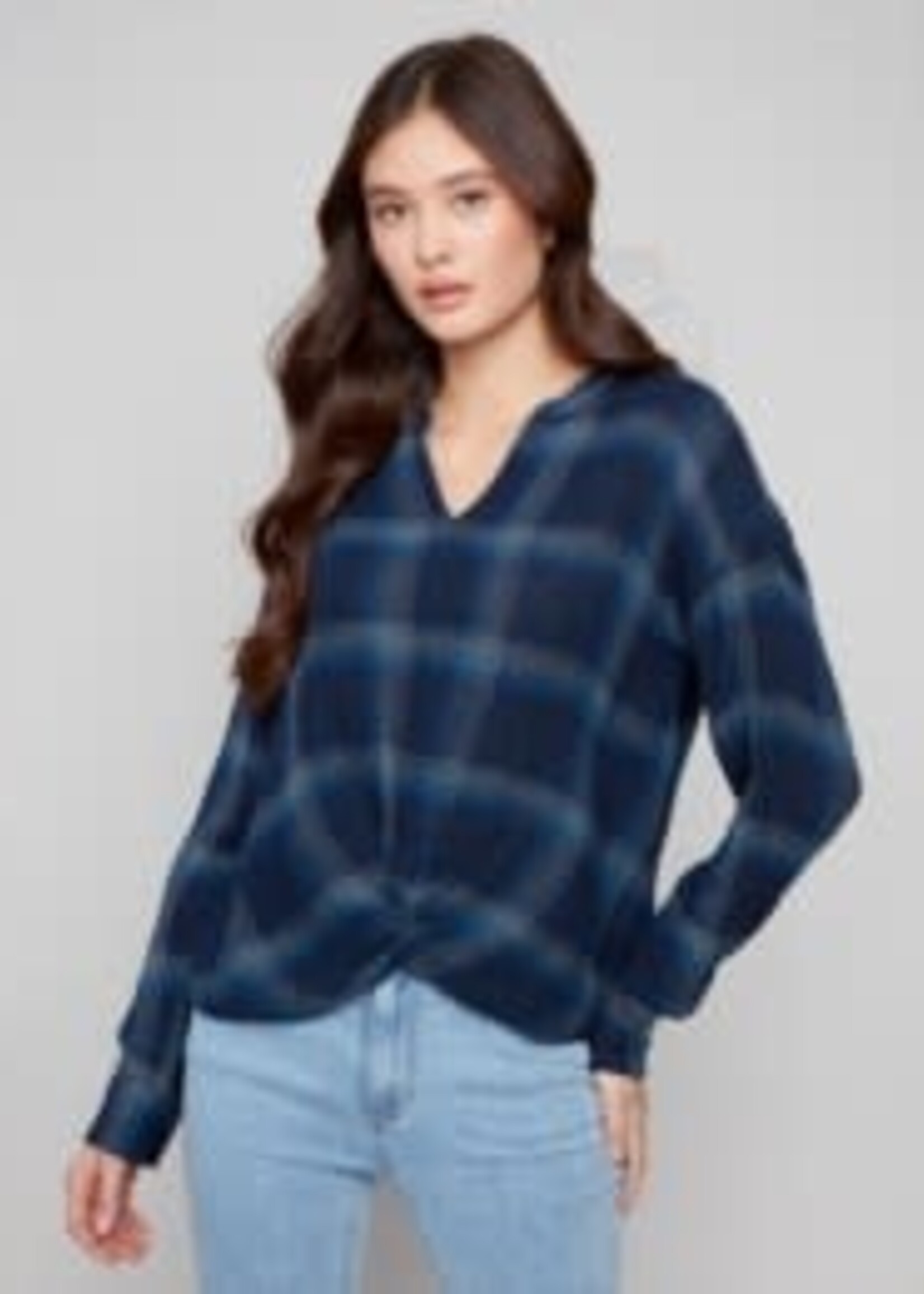 Charlie B Plaid Blouse w/ Front Knot and Cuffs