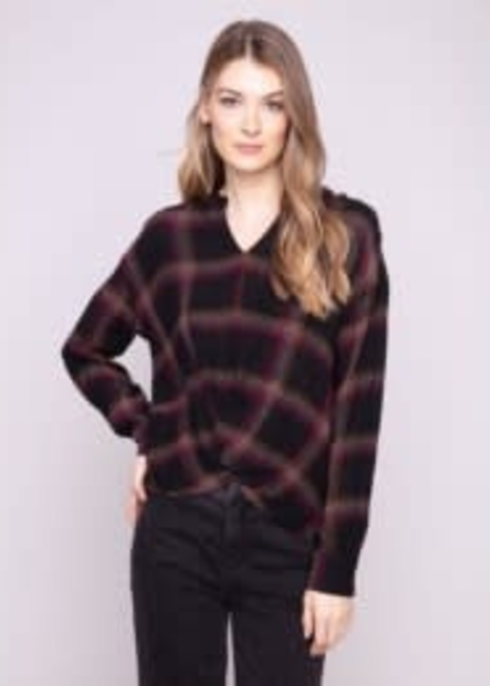 Charlie B Plaid Blouse w/ Front Knot and Cuffs
