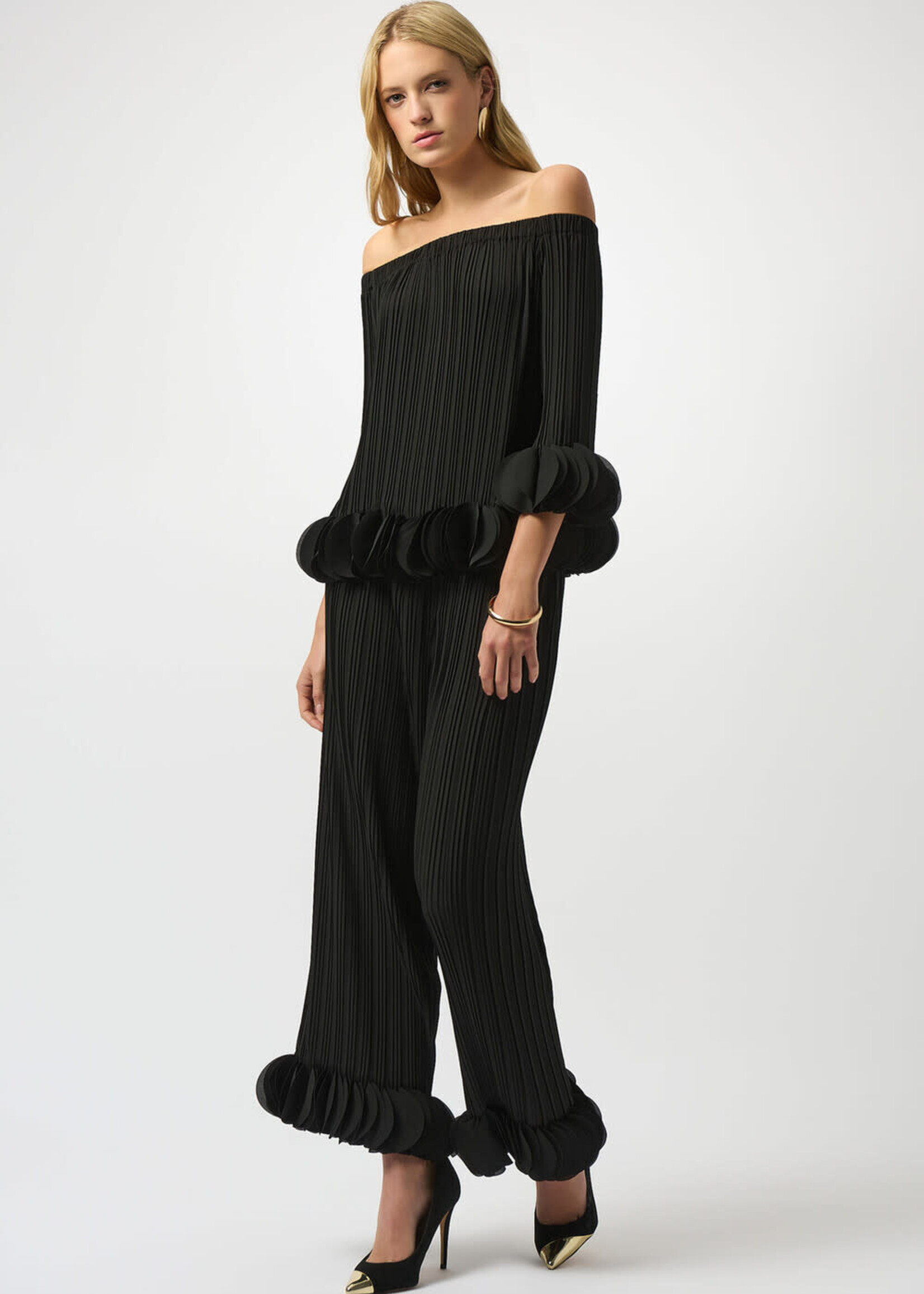 Joseph Ribkoff Off Shoulder Pleated Ruffle Top/ Pant 2pc