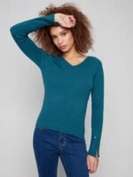 Charlie B Ribbed V-Neck Sweater W/Heart Rivets