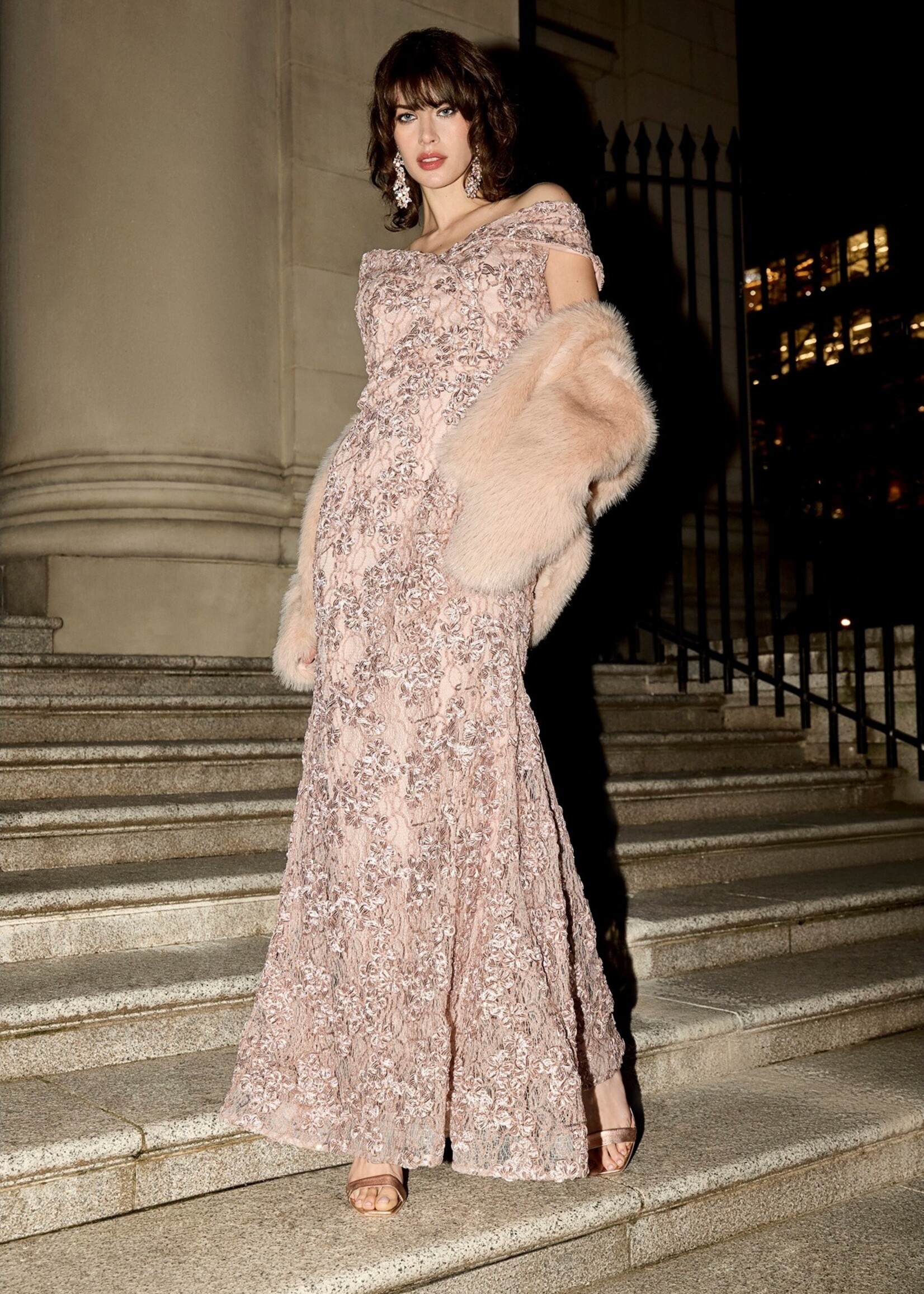 Frank Lyman Off-Shoulder Gem Embroidered Gown