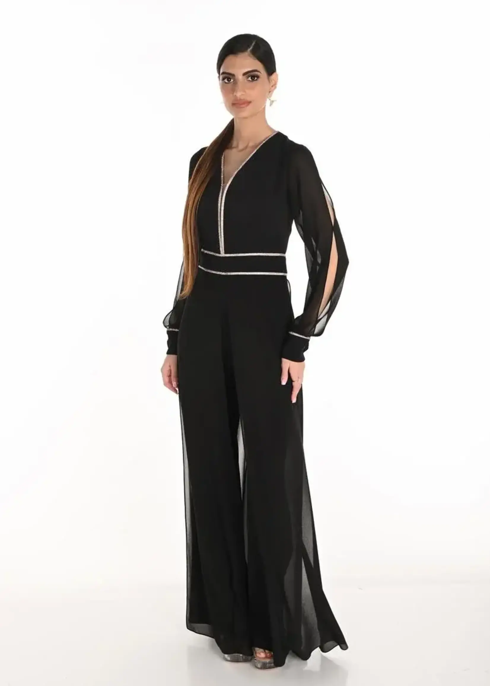 Frank Lyman Embellished Trim Chiffon Sleeve Jumpsuit
