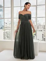 MGNY Draped Shimmer Gown w/ Crystal Trim