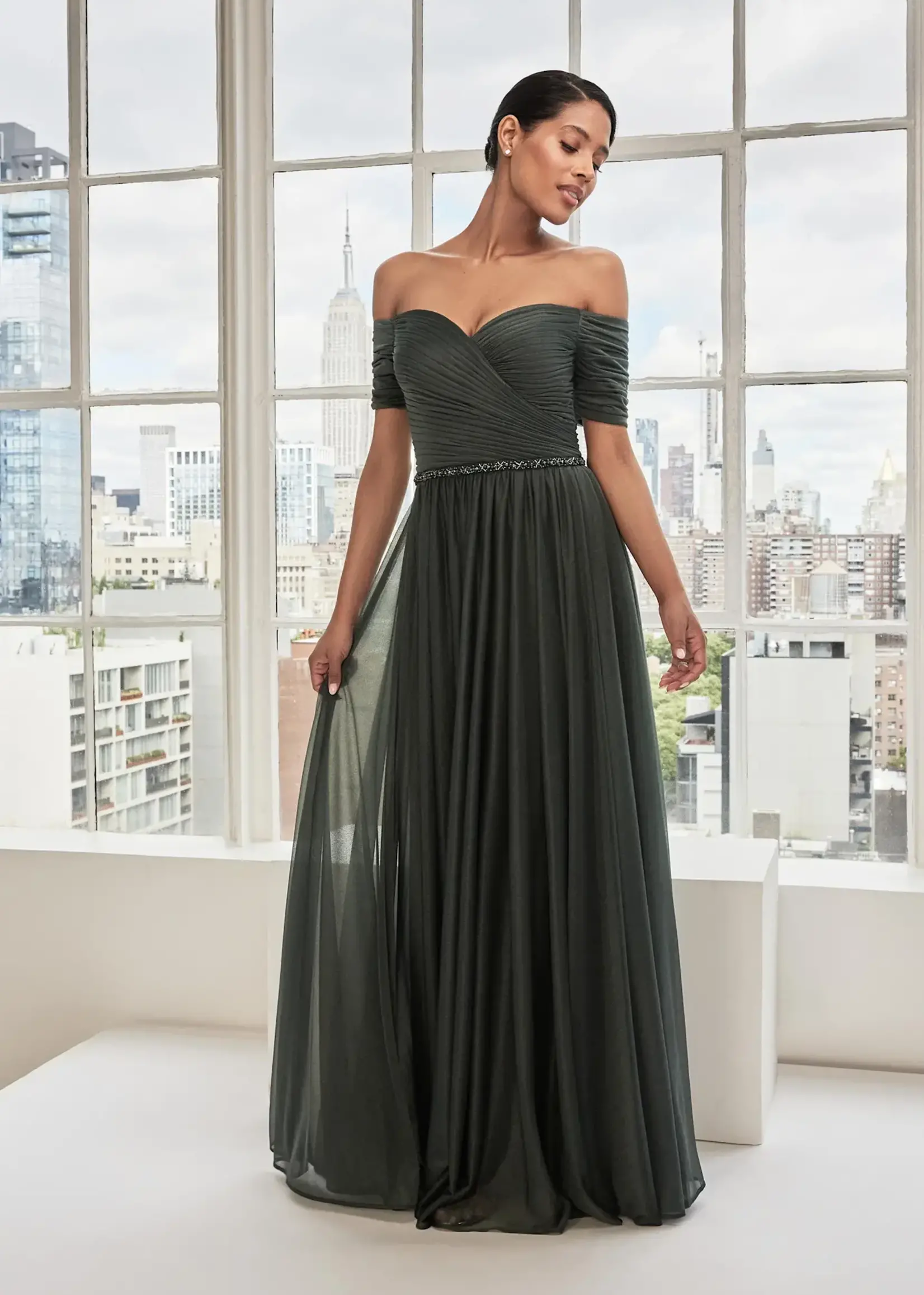 MGNY Draped Shimmer Gown w/ Crystal Trim