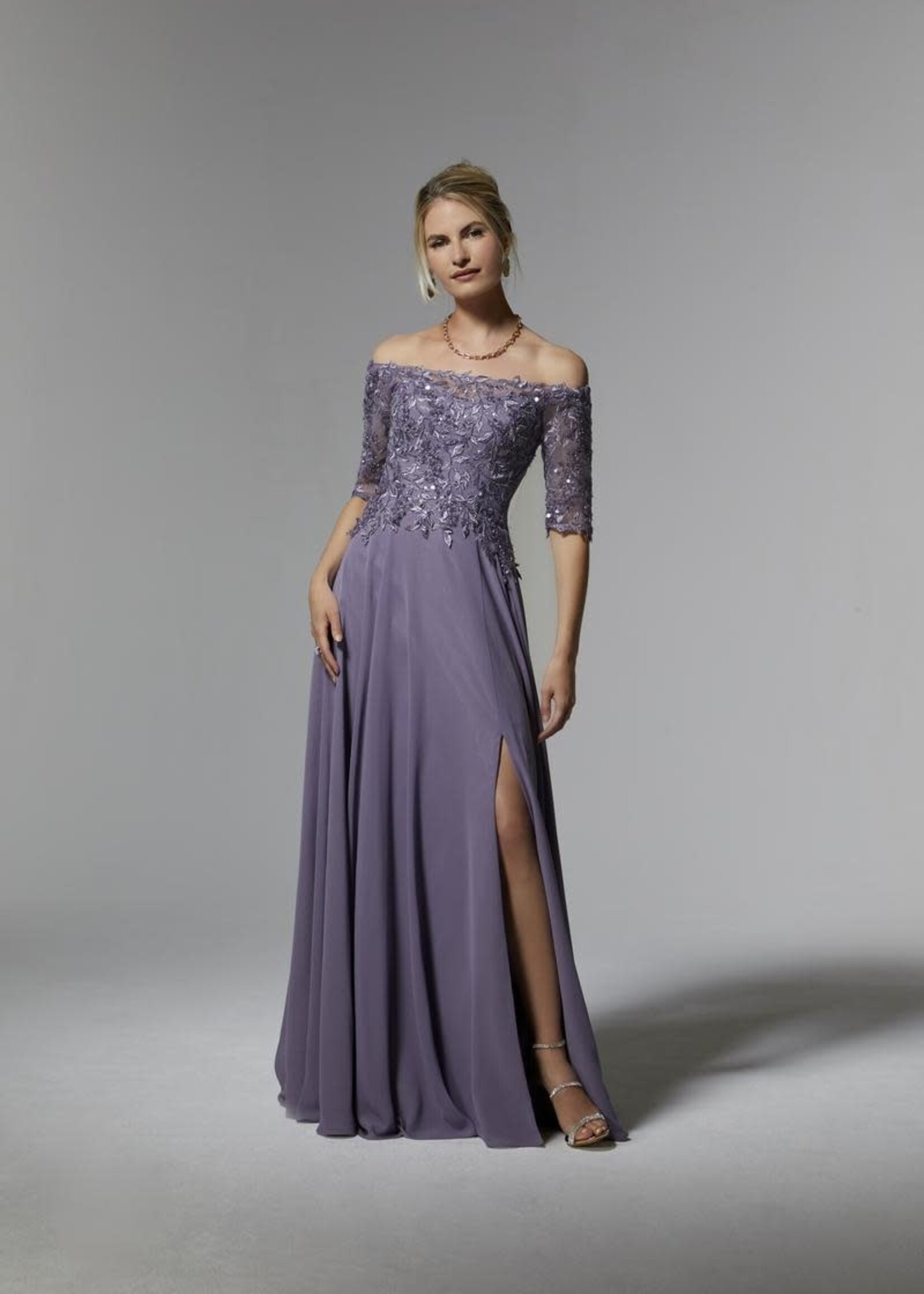 MGNY Botanical Off Shoulder Beaded Gown