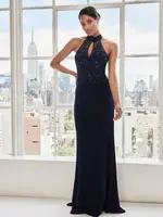 MGNY Keyhole Beaded Halter Dress
