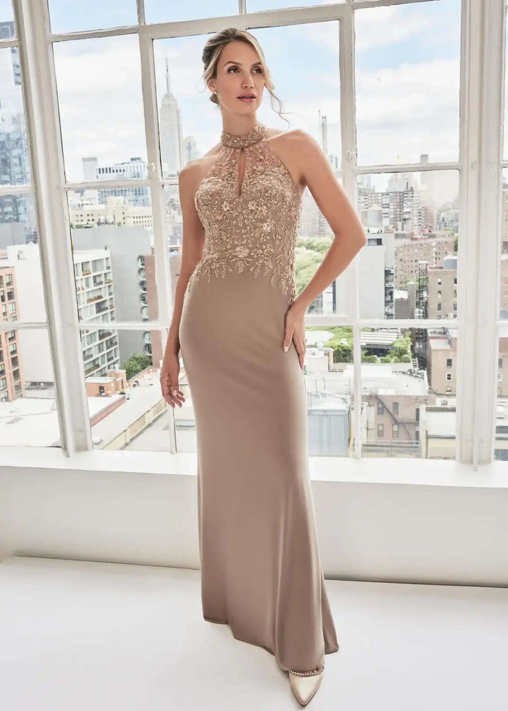 MGNY Keyhole Beaded Halter Dress