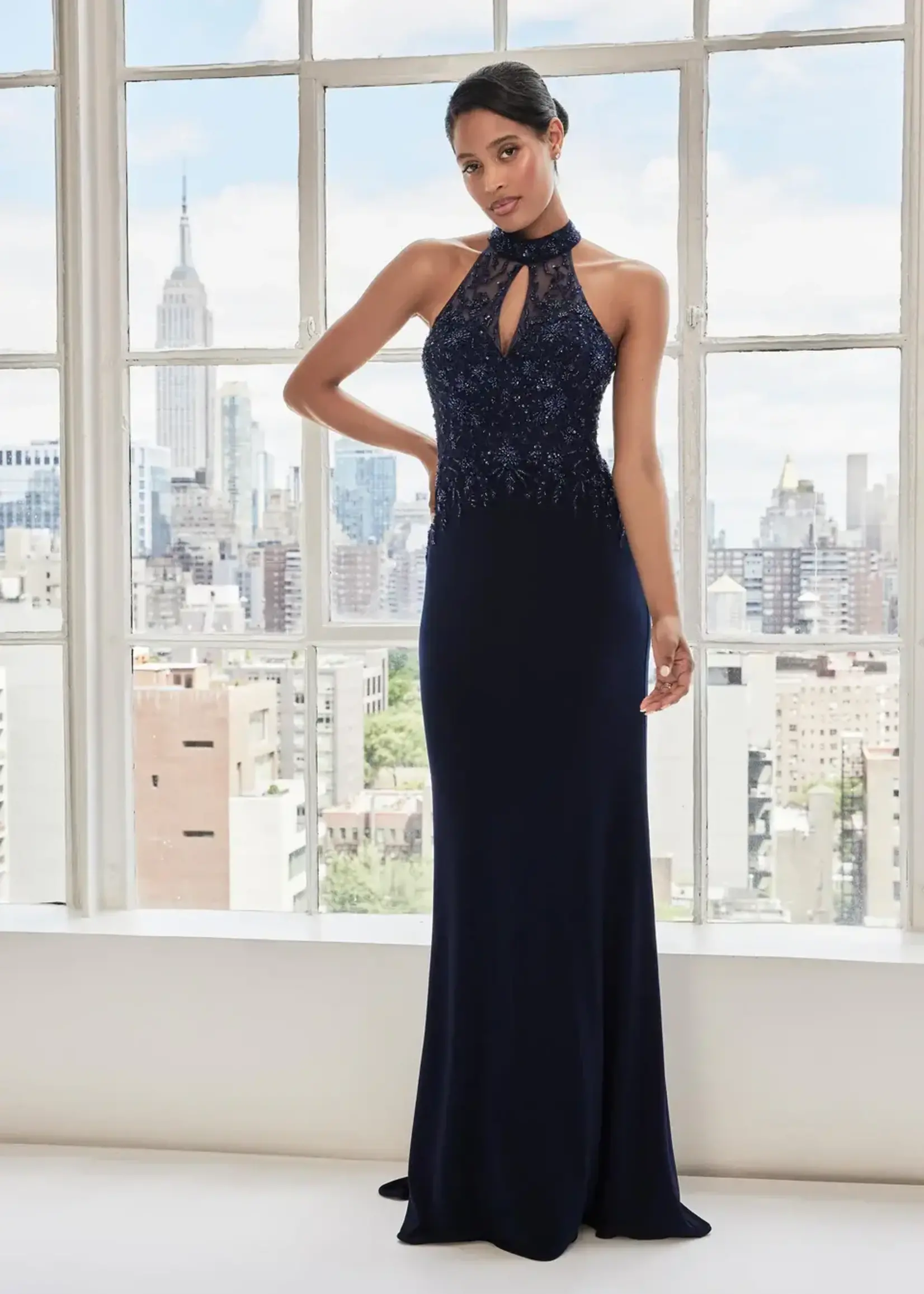 MGNY Keyhole Beaded Halter Dress