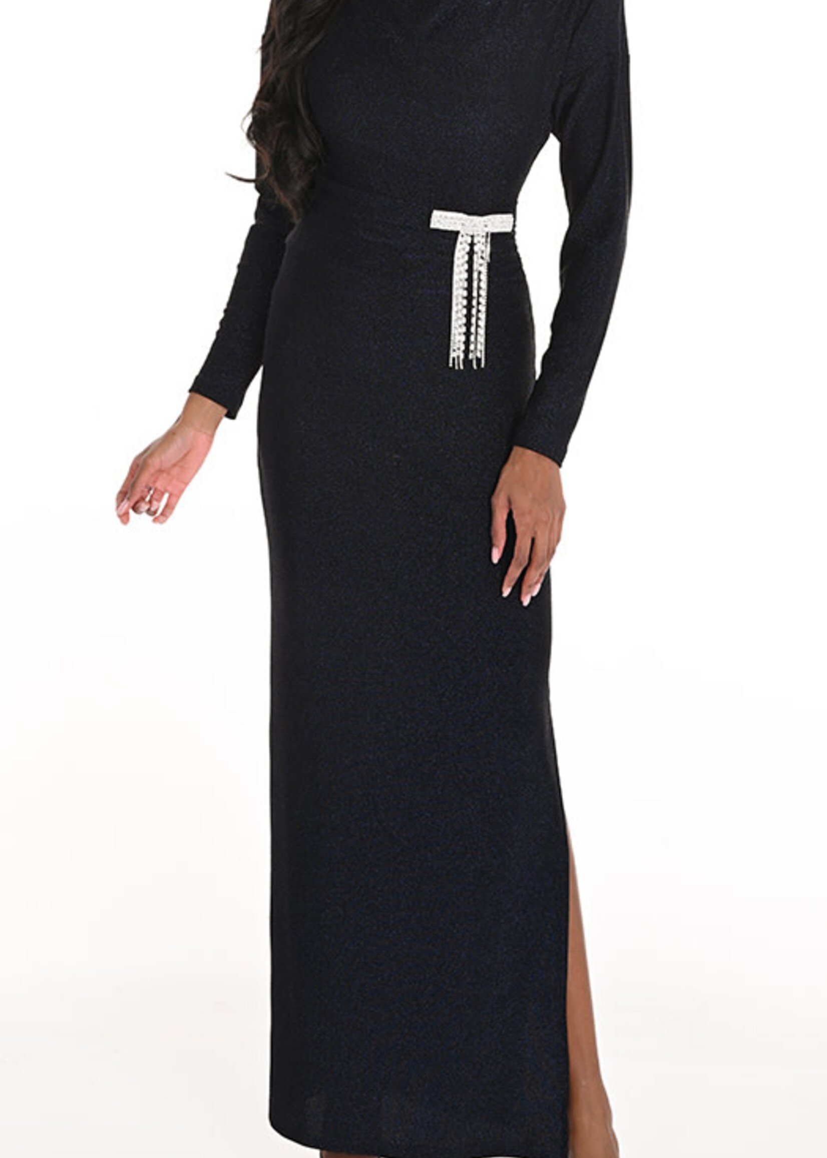 Frank Lyman Shimmer Gown w/ Jewelled Brooch Detail